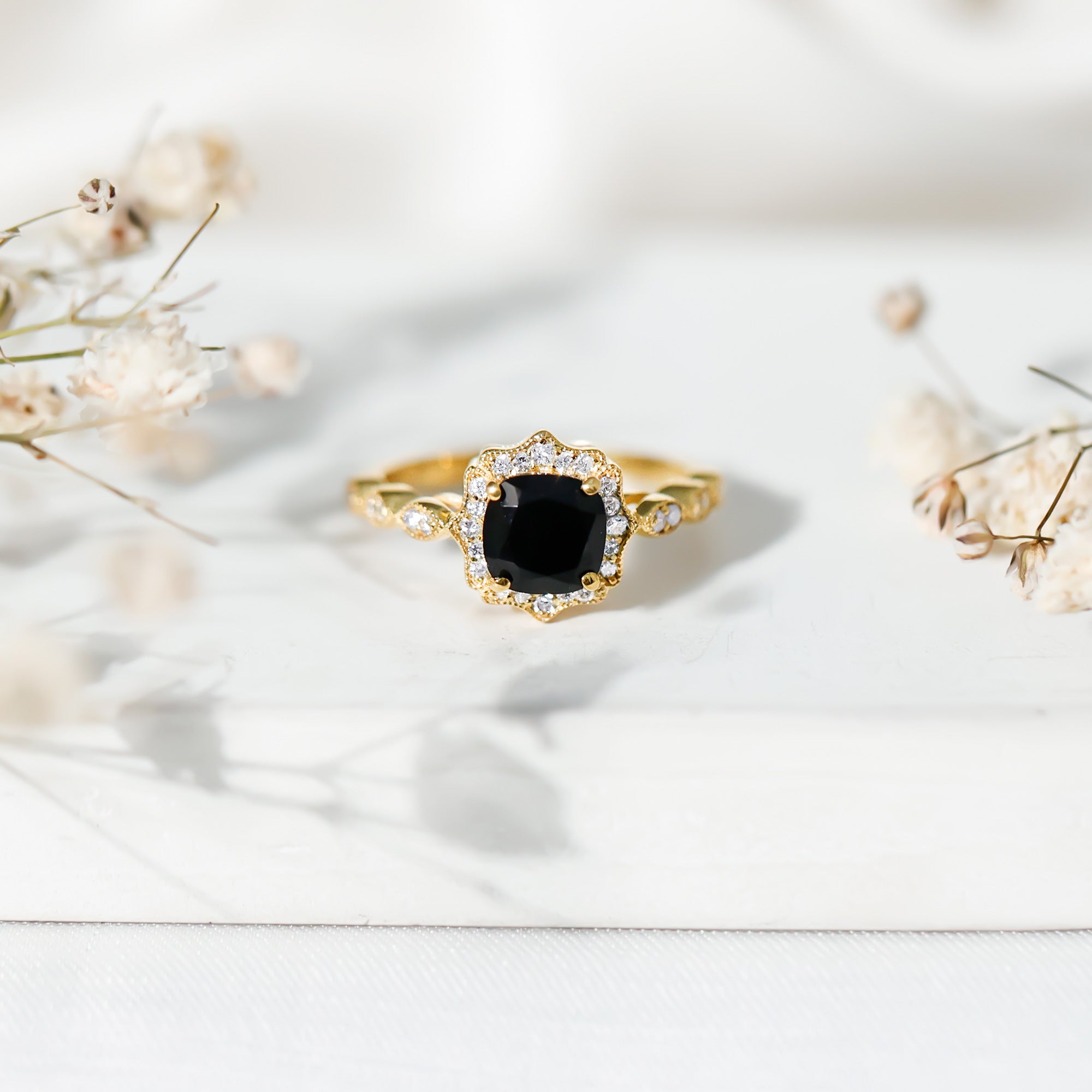 Black Onyx Vintage Looking Engagement Ring with Lab Diamond Halo AAA 14K Yellow Gold Plated Silver - Rosec Jewels