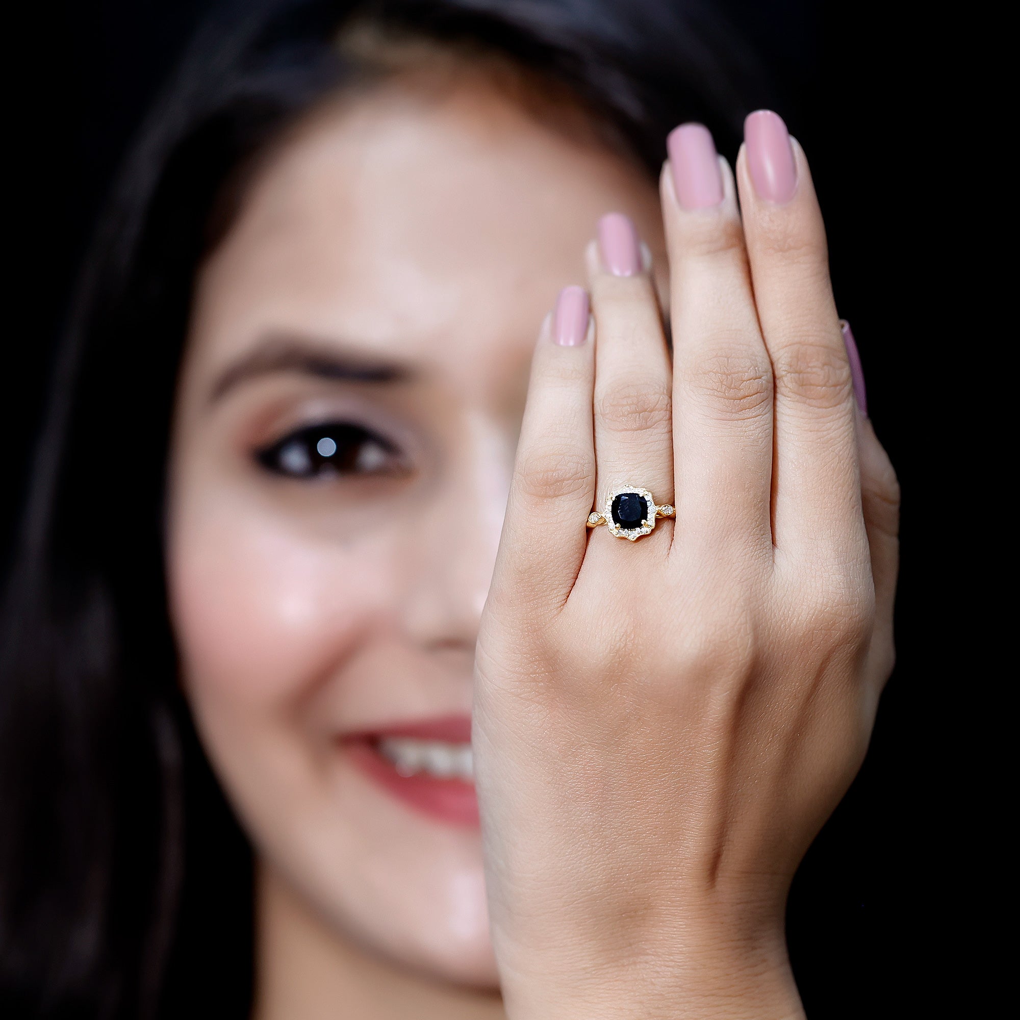 Black Onyx Vintage Looking Engagement Ring with Lab Diamond Halo AAA 14K Yellow Gold Plated Silver - Rosec Jewels