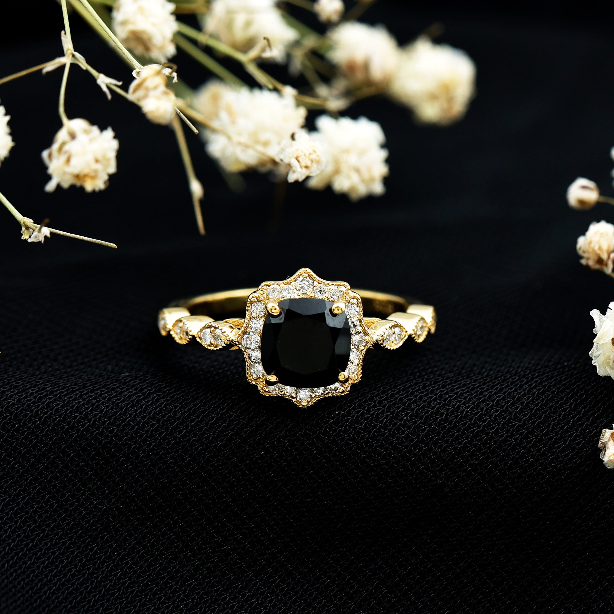 Black Onyx Vintage Looking Engagement Ring with Lab Diamond Halo AAA 14K Yellow Gold Plated Silver - Rosec Jewels