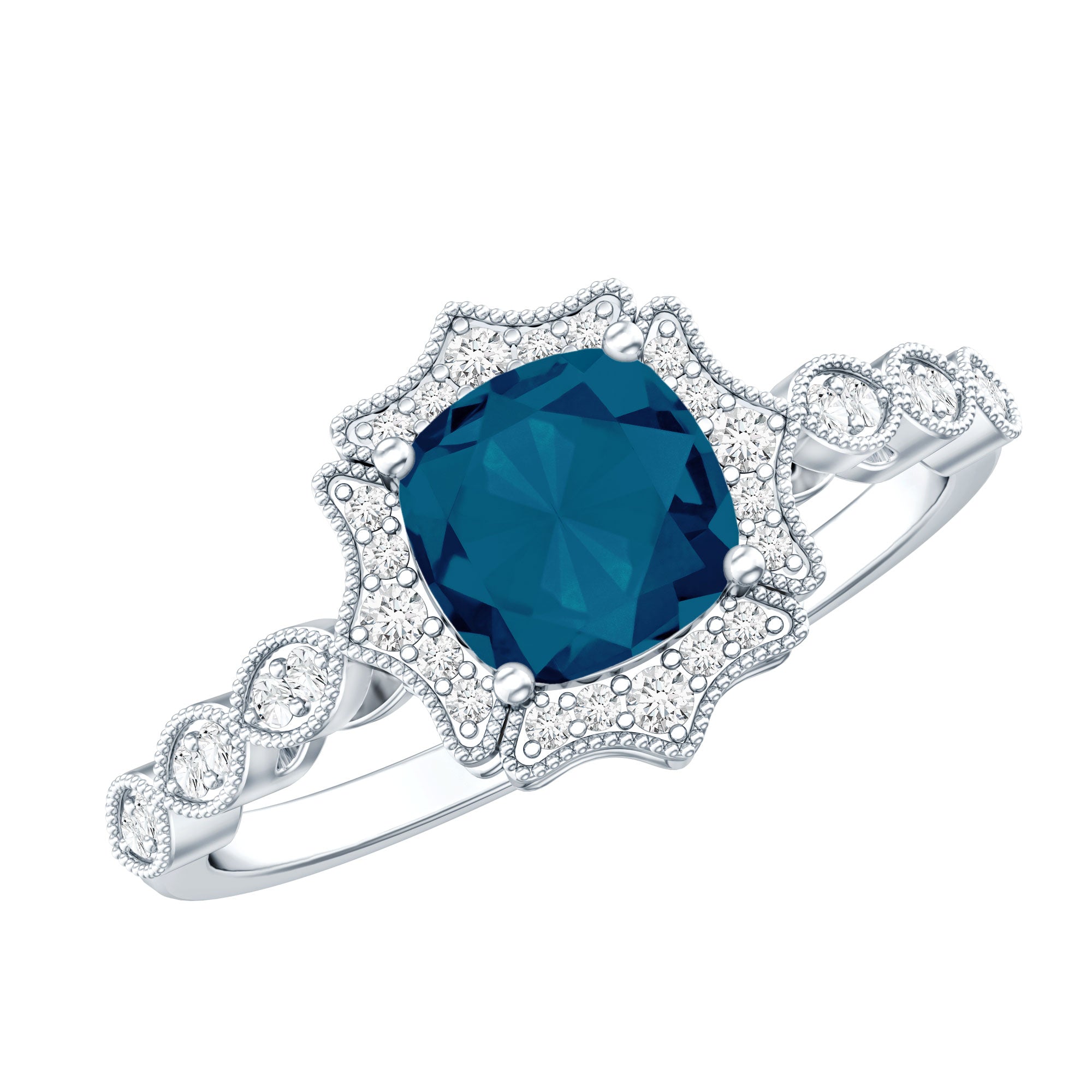 Genuine London Blue Topaz Antique Looking Engagement Ring in Silver AAA 92.5 Sterling Silver - Rosec Jewels