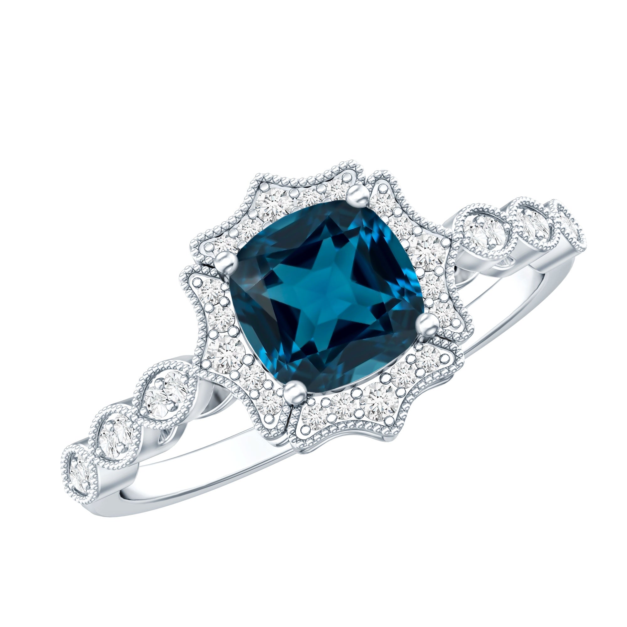 Genuine London Blue Topaz Antique Looking Engagement Ring in Silver AAA 92.5 Sterling Silver - Rosec Jewels