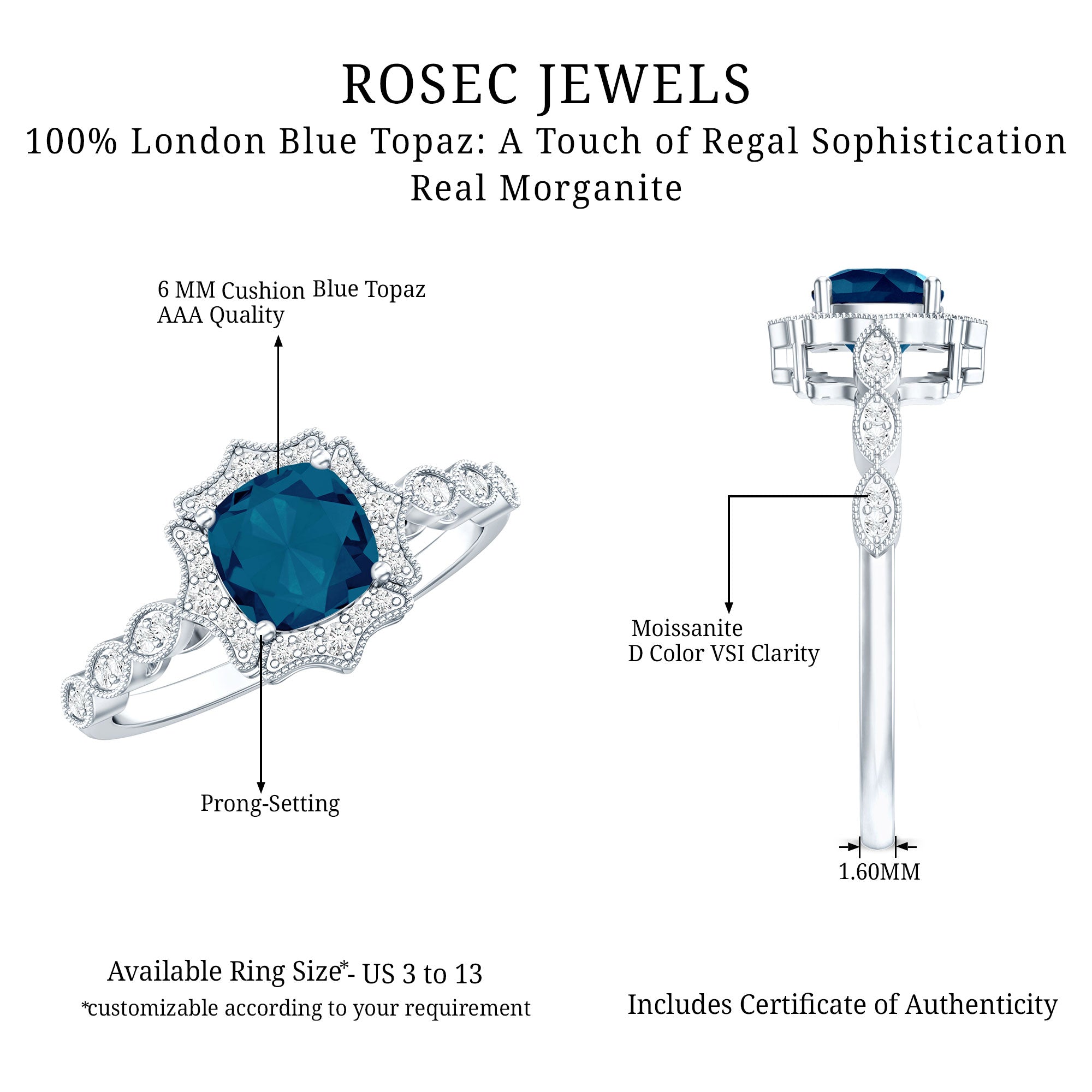 Genuine London Blue Topaz Antique Looking Engagement Ring in Silver AAA 92.5 Sterling Silver - Rosec Jewels