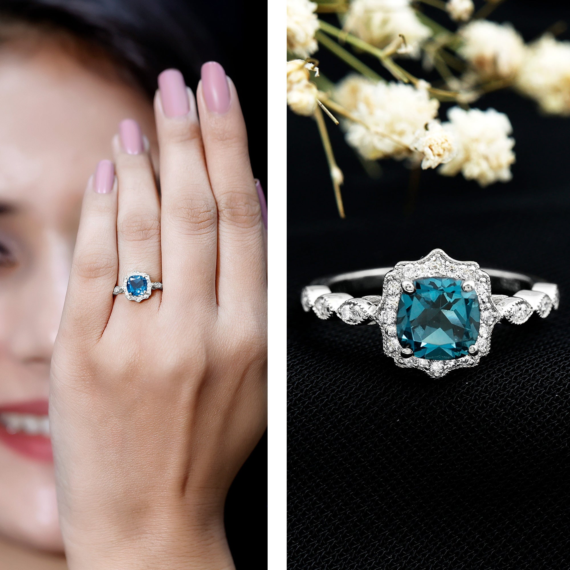 Genuine London Blue Topaz Antique Looking Engagement Ring in Silver AAA 92.5 Sterling Silver - Rosec Jewels