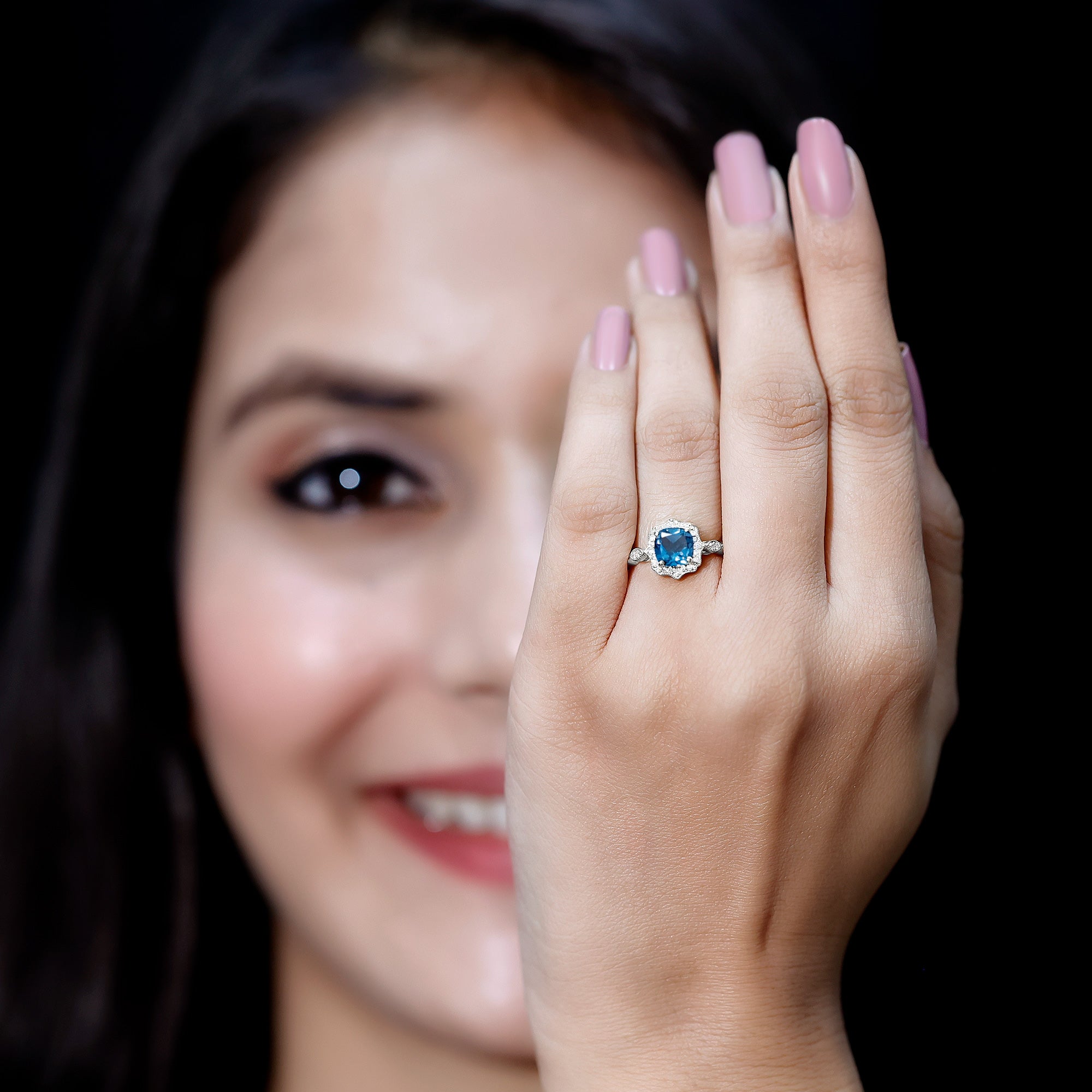 Genuine London Blue Topaz Antique Looking Engagement Ring in Silver AAA 92.5 Sterling Silver - Rosec Jewels