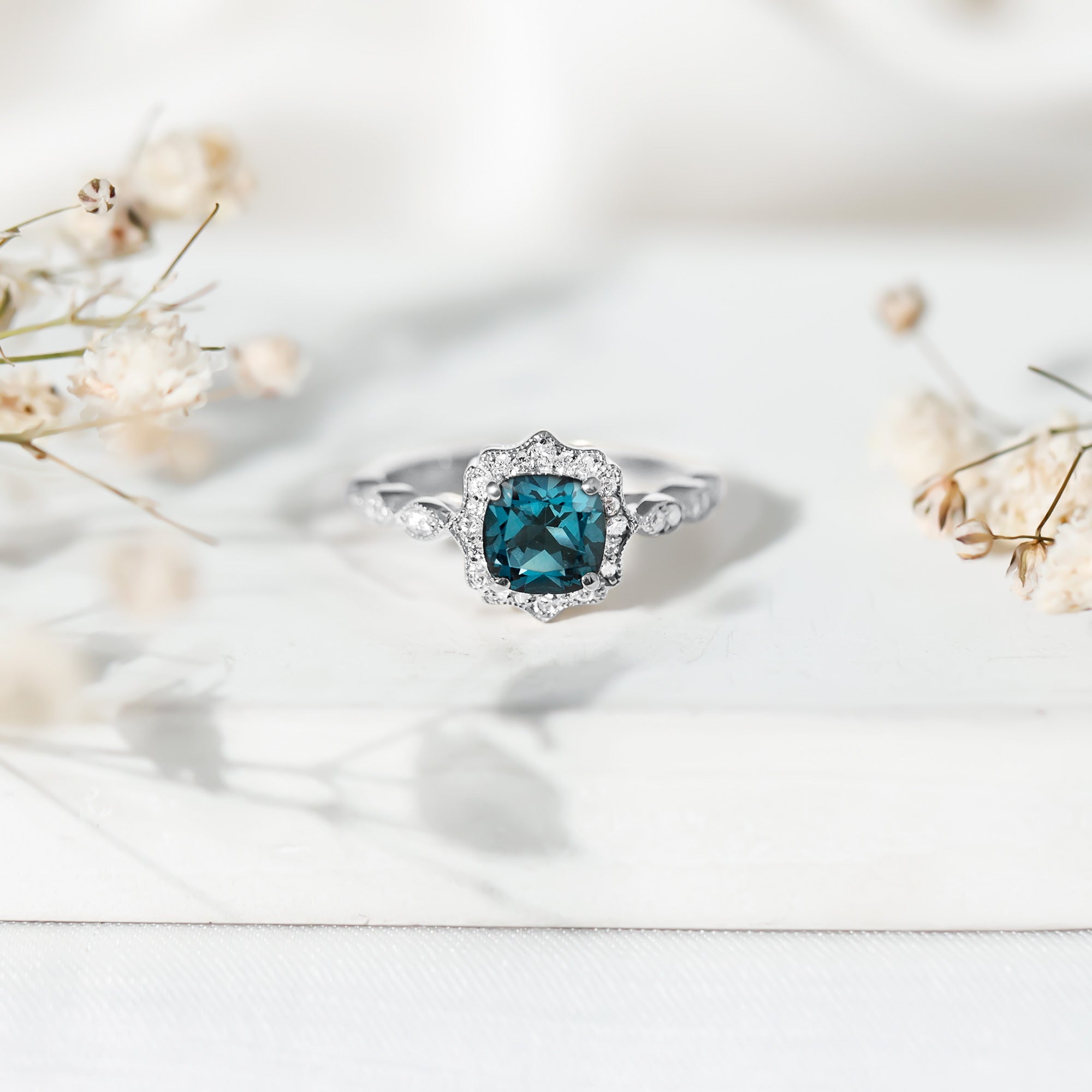 Genuine London Blue Topaz Antique Looking Engagement Ring in Silver AAA 92.5 Sterling Silver - Rosec Jewels
