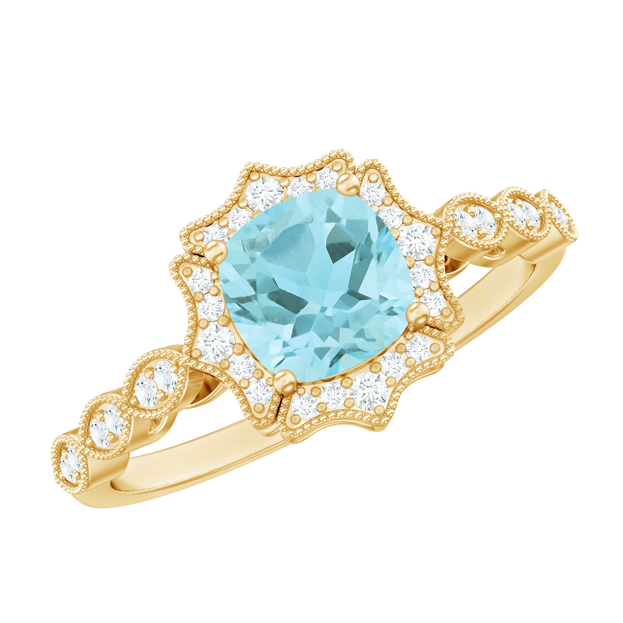Sky Blue Topaz Vintage Style Engagement Ring with Lab Diamonds AAA 14K Yellow Gold Plated Silver - Rosec Jewels