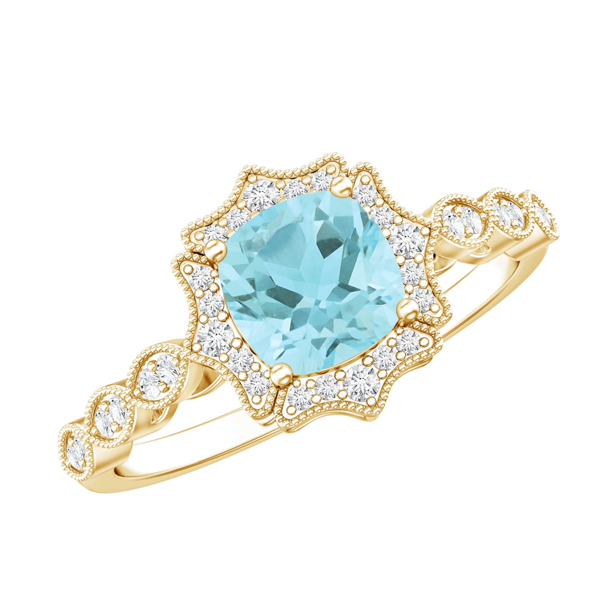 Sky Blue Topaz Vintage Style Engagement Ring with Lab Diamonds AAA 14K Yellow Gold Plated Silver - Rosec Jewels