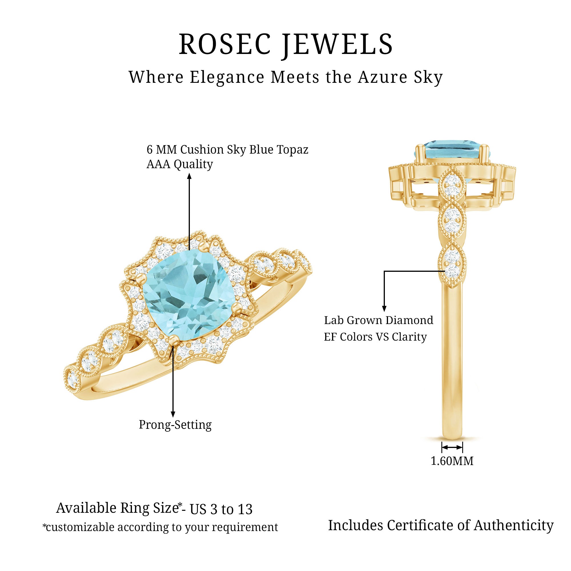 Sky Blue Topaz Vintage Style Engagement Ring with Lab Diamonds AAA 14K Yellow Gold Plated Silver - Rosec Jewels