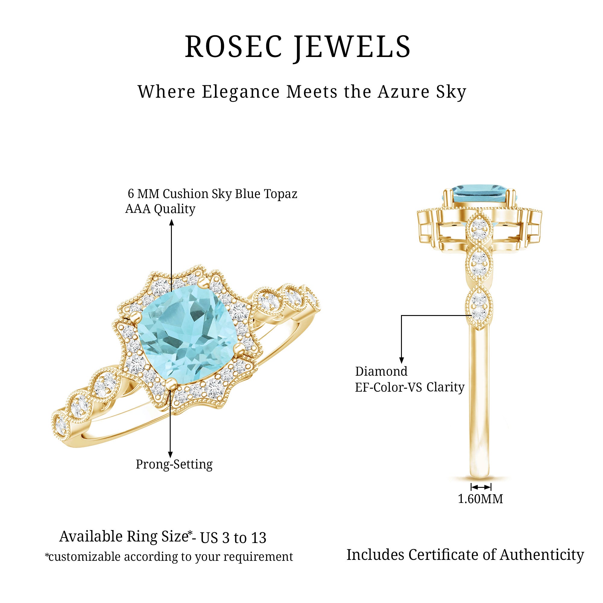 Sky Blue Topaz Vintage Style Engagement Ring with Lab Diamonds AAA 14K Yellow Gold Plated Silver - Rosec Jewels