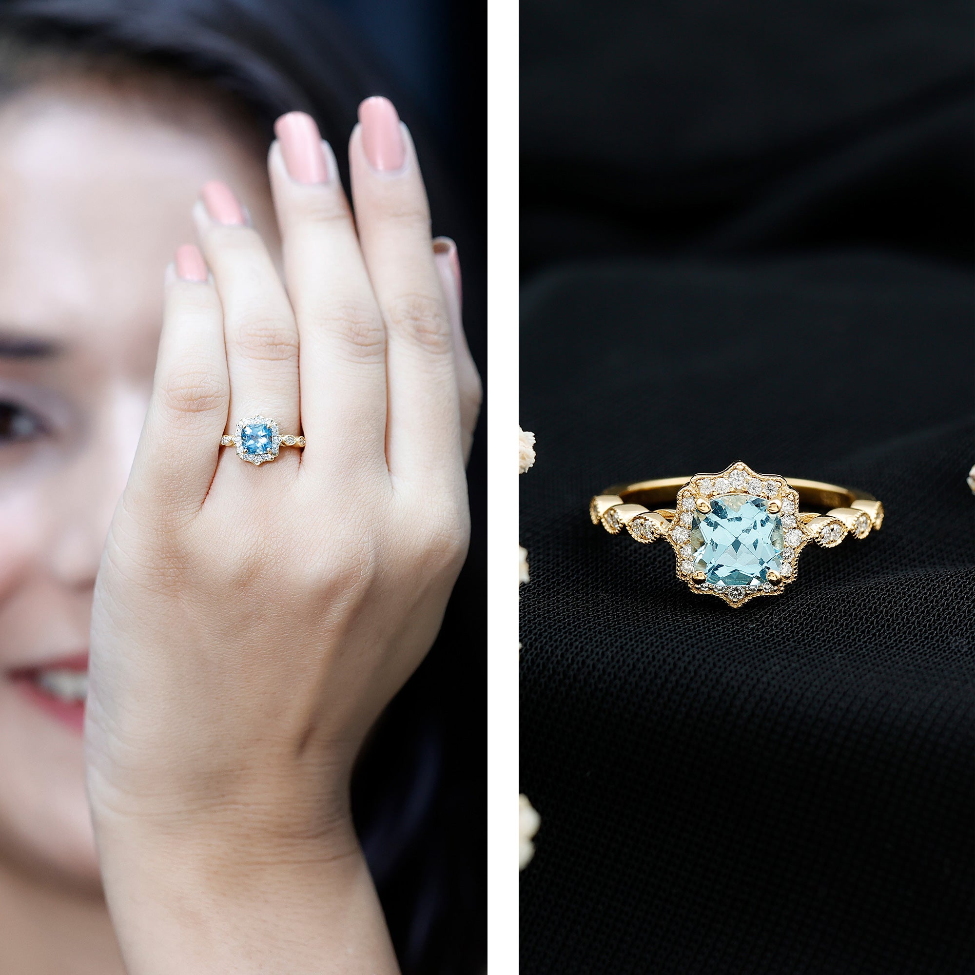 Sky Blue Topaz Vintage Style Engagement Ring with Lab Diamonds AAA 14K Yellow Gold Plated Silver - Rosec Jewels
