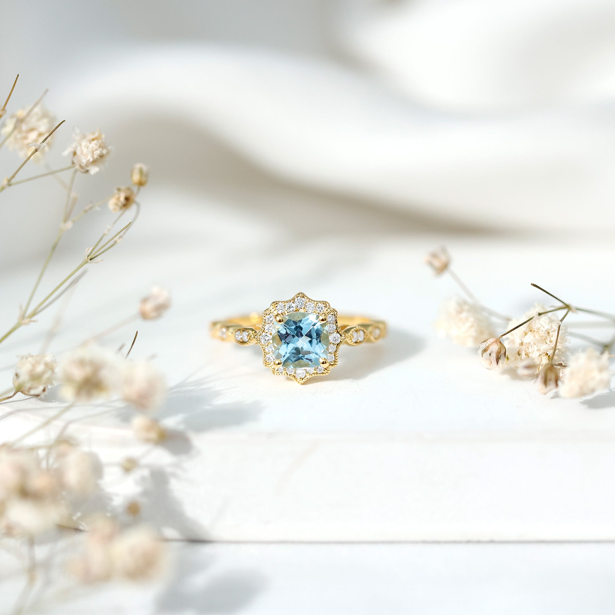 Sky Blue Topaz Vintage Style Engagement Ring with Lab Diamonds AAA 14K Yellow Gold Plated Silver - Rosec Jewels