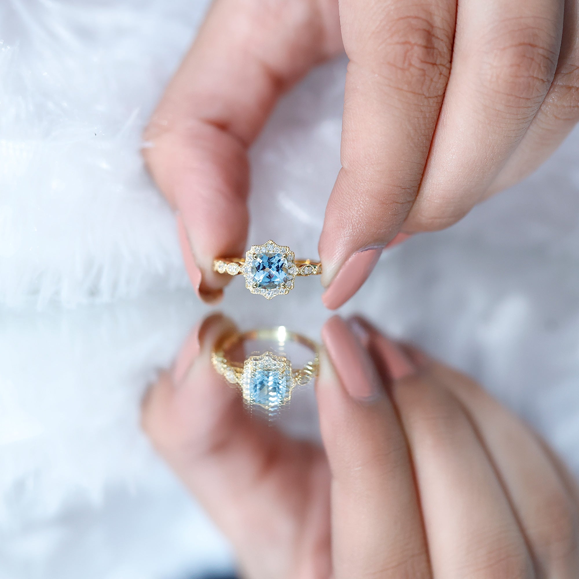 Sky Blue Topaz Vintage Style Engagement Ring with Lab Diamonds AAA 14K Yellow Gold Plated Silver - Rosec Jewels