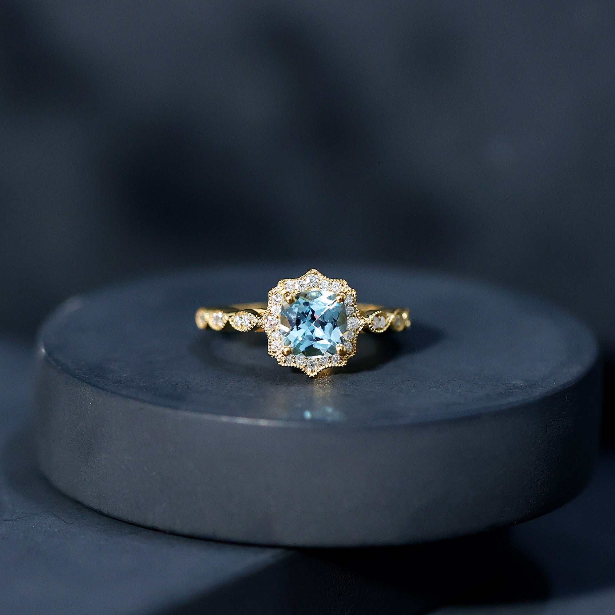 Sky Blue Topaz Vintage Style Engagement Ring with Lab Diamonds AAA 14K Yellow Gold Plated Silver - Rosec Jewels