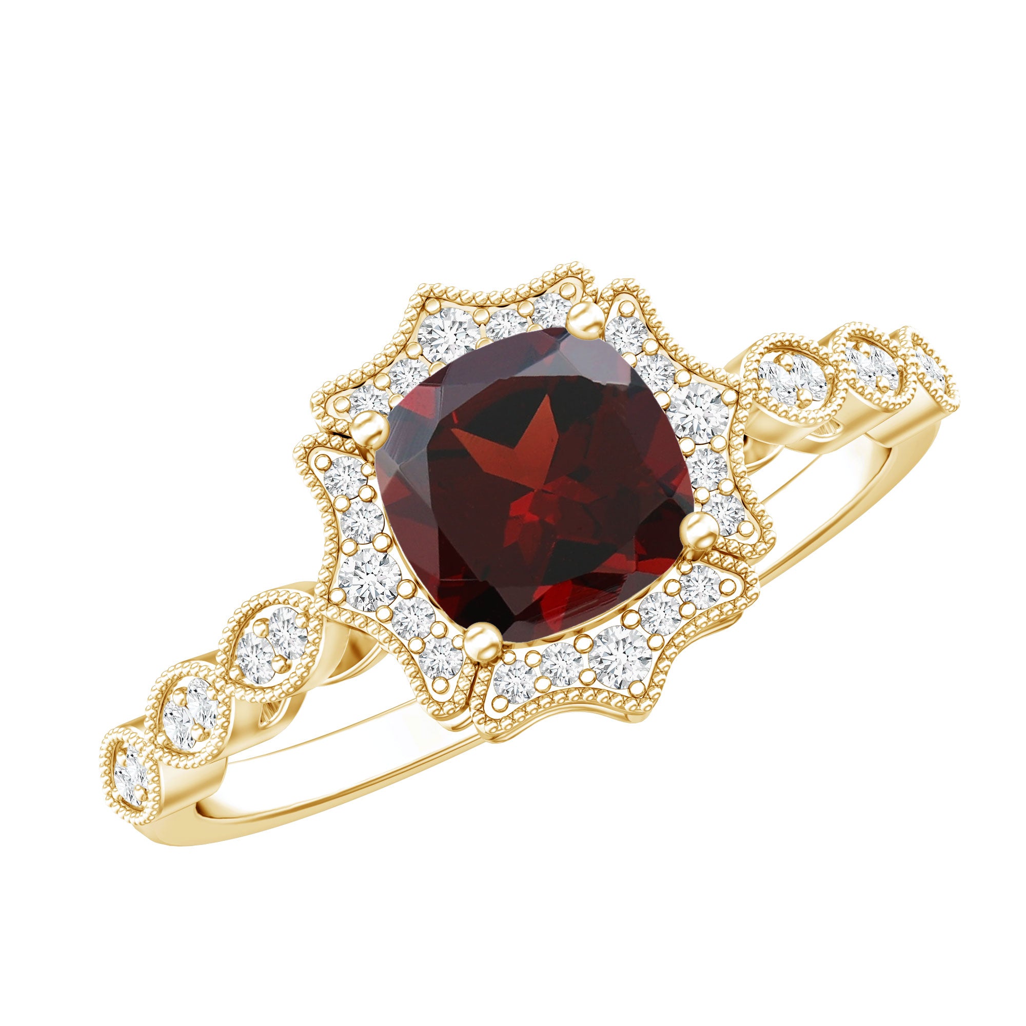 Garnet Vintage Engagement Ring with Lab Diamond Halo AAA 14K Yellow Gold Plated Silver - Rosec Jewels