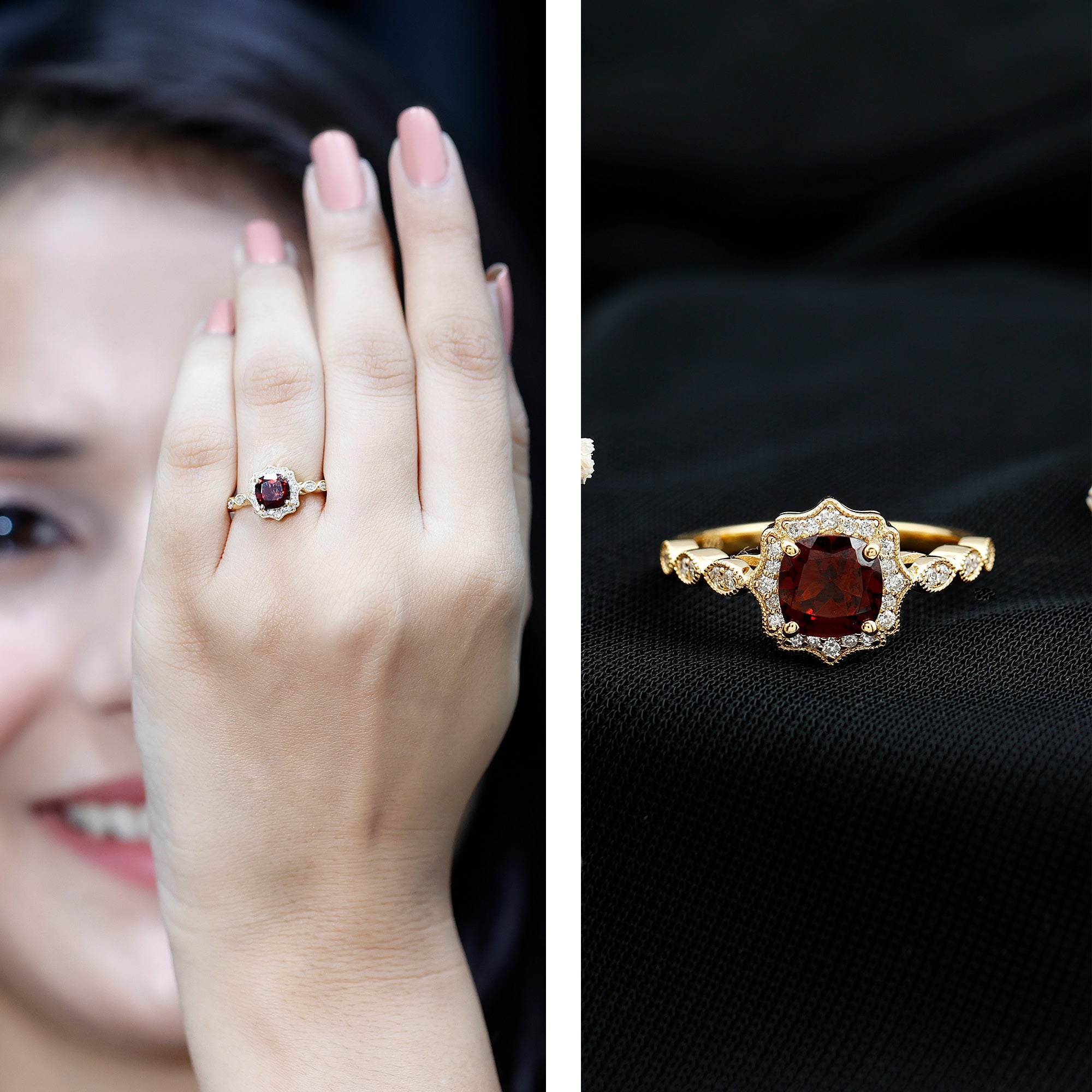 Garnet Vintage Engagement Ring with Lab Diamond Halo AAA 14K Yellow Gold Plated Silver - Rosec Jewels