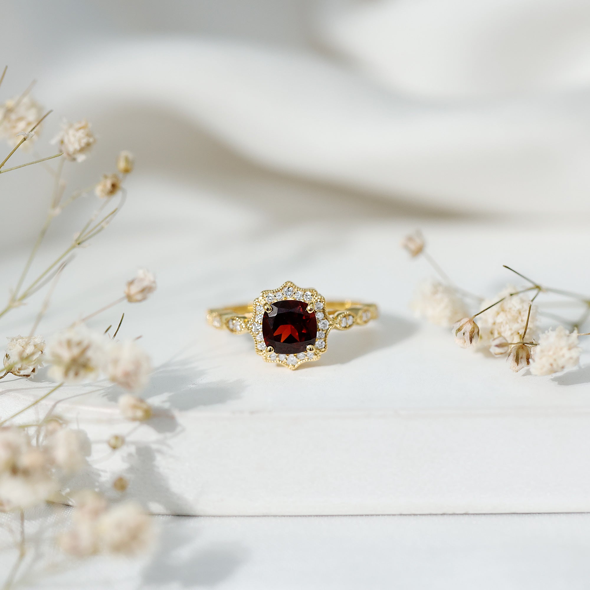 Garnet Vintage Engagement Ring with Lab Diamond Halo AAA 14K Yellow Gold Plated Silver - Rosec Jewels