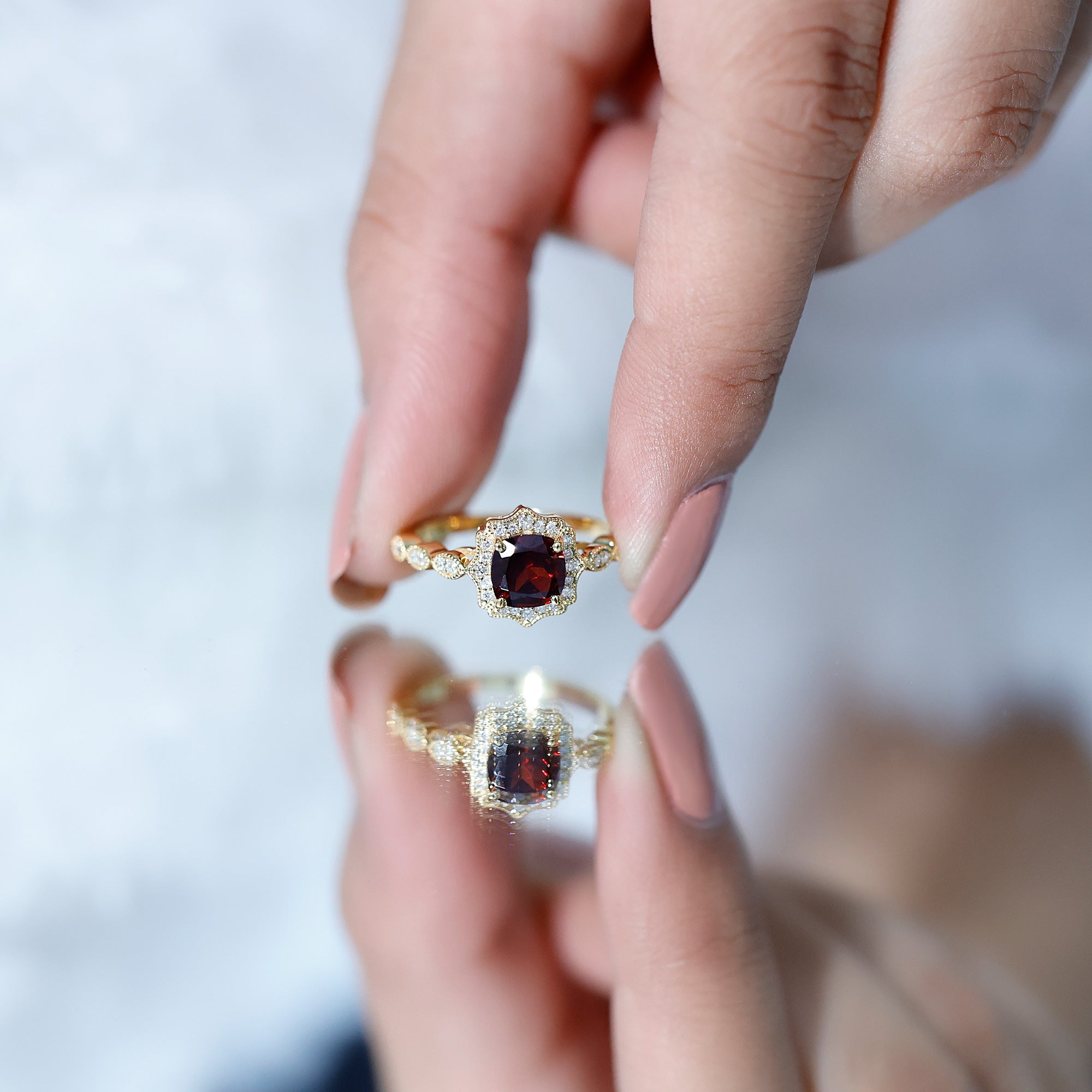 Garnet Vintage Engagement Ring with Lab Diamond Halo AAA 14K Yellow Gold Plated Silver - Rosec Jewels