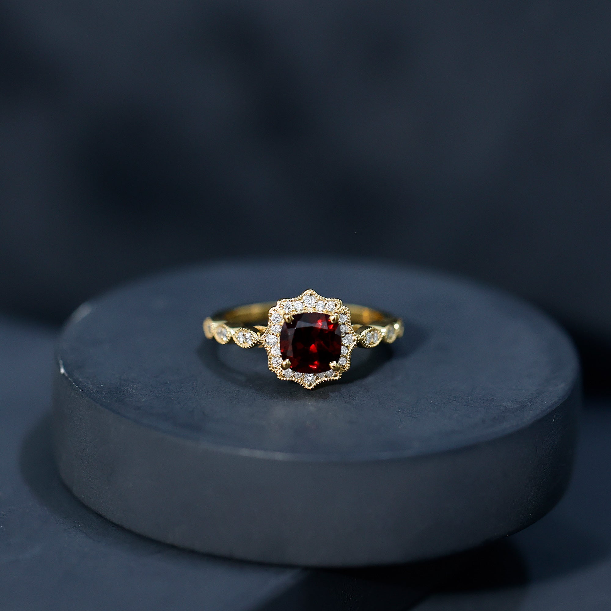 Garnet Vintage Engagement Ring with Lab Diamond Halo AAA 14K Yellow Gold Plated Silver - Rosec Jewels