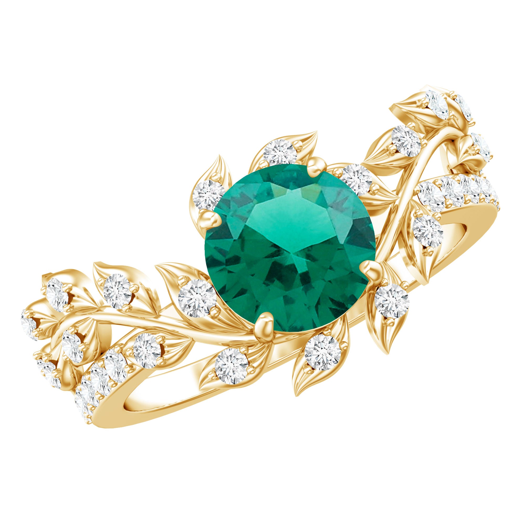 Lab Created Emerald and Diamond Vine Engagement Ring in Silver AAAA 14K Yellow Gold Plated Silver - Rosec Jewels