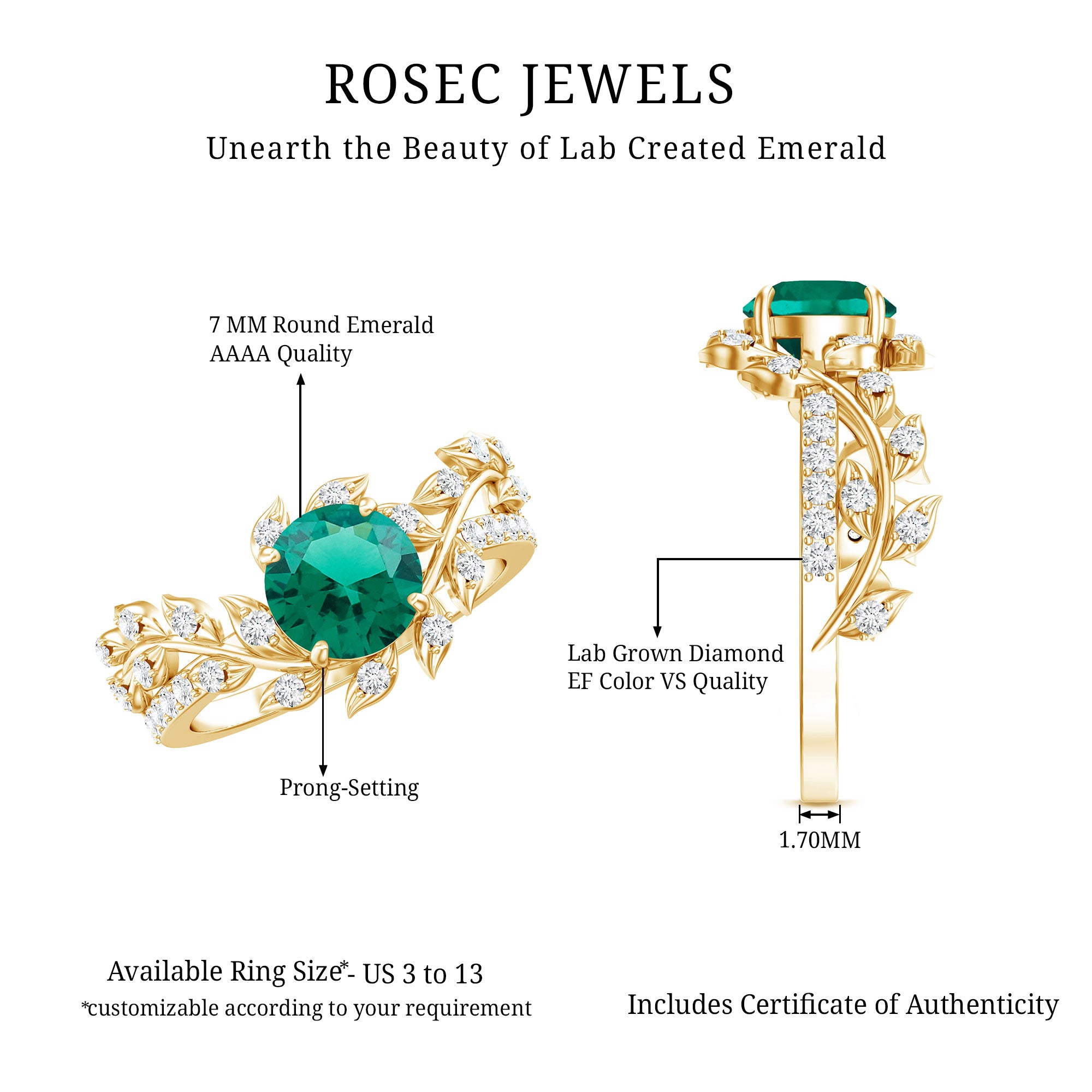 Lab Created Emerald and Diamond Vine Engagement Ring in Silver AAAA 14K Yellow Gold Plated Silver - Rosec Jewels