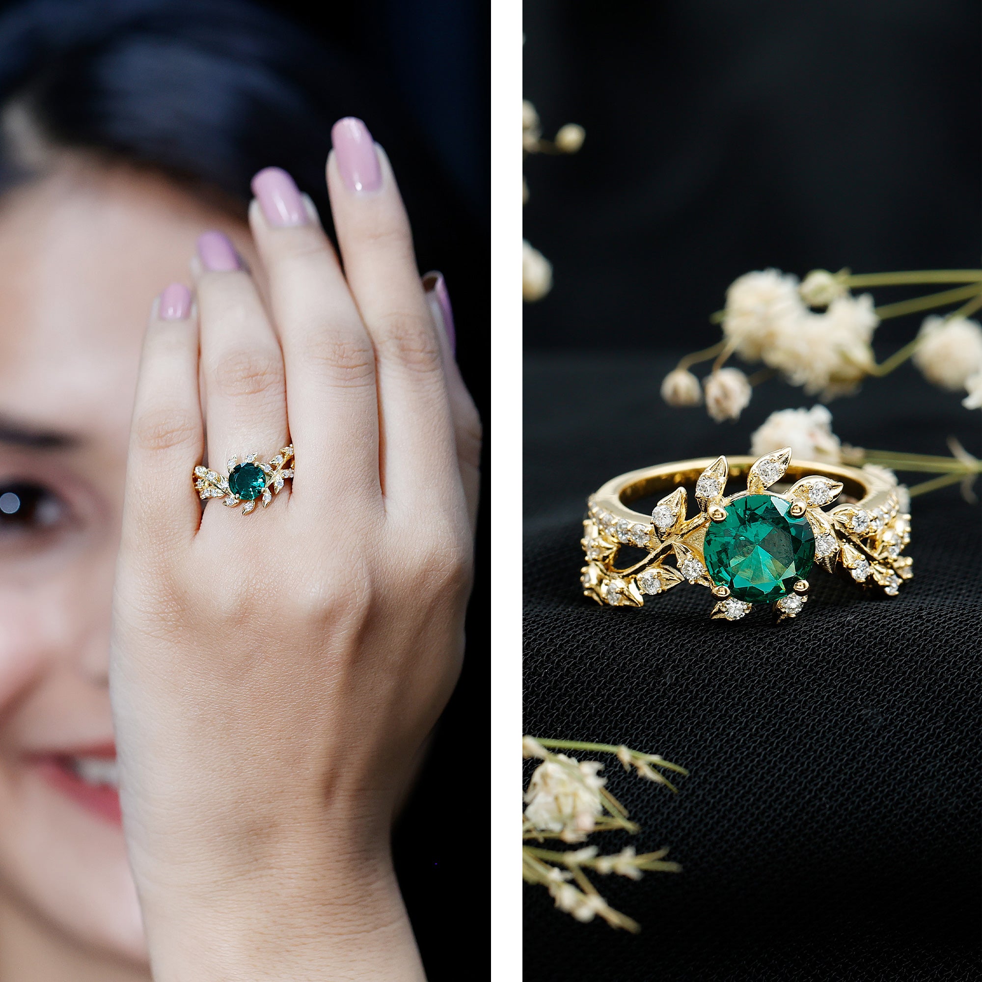 Lab Created Emerald and Diamond Vine Engagement Ring in Silver AAAA 14K Yellow Gold Plated Silver - Rosec Jewels