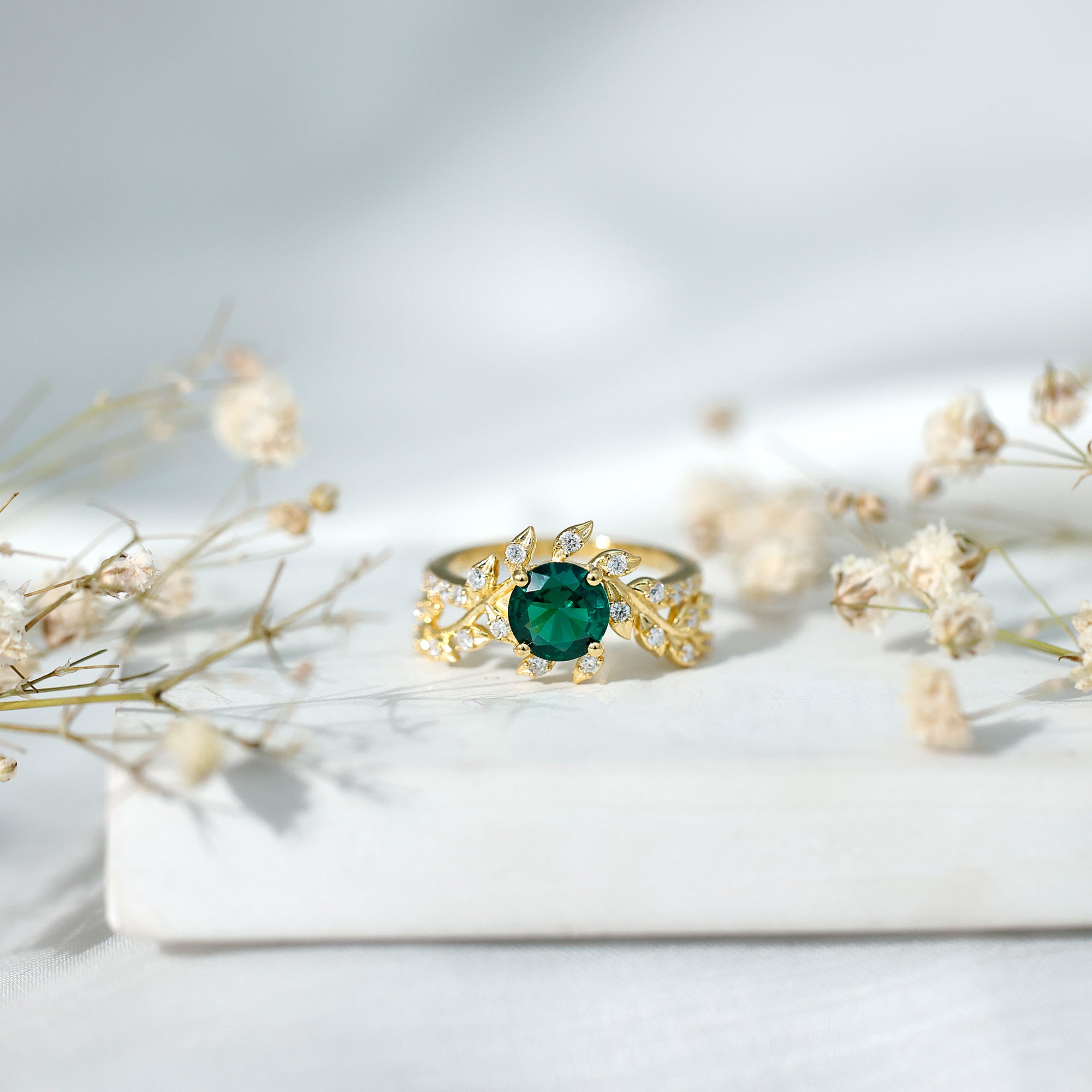 Lab Created Emerald and Diamond Vine Engagement Ring in Silver AAAA 14K Yellow Gold Plated Silver - Rosec Jewels