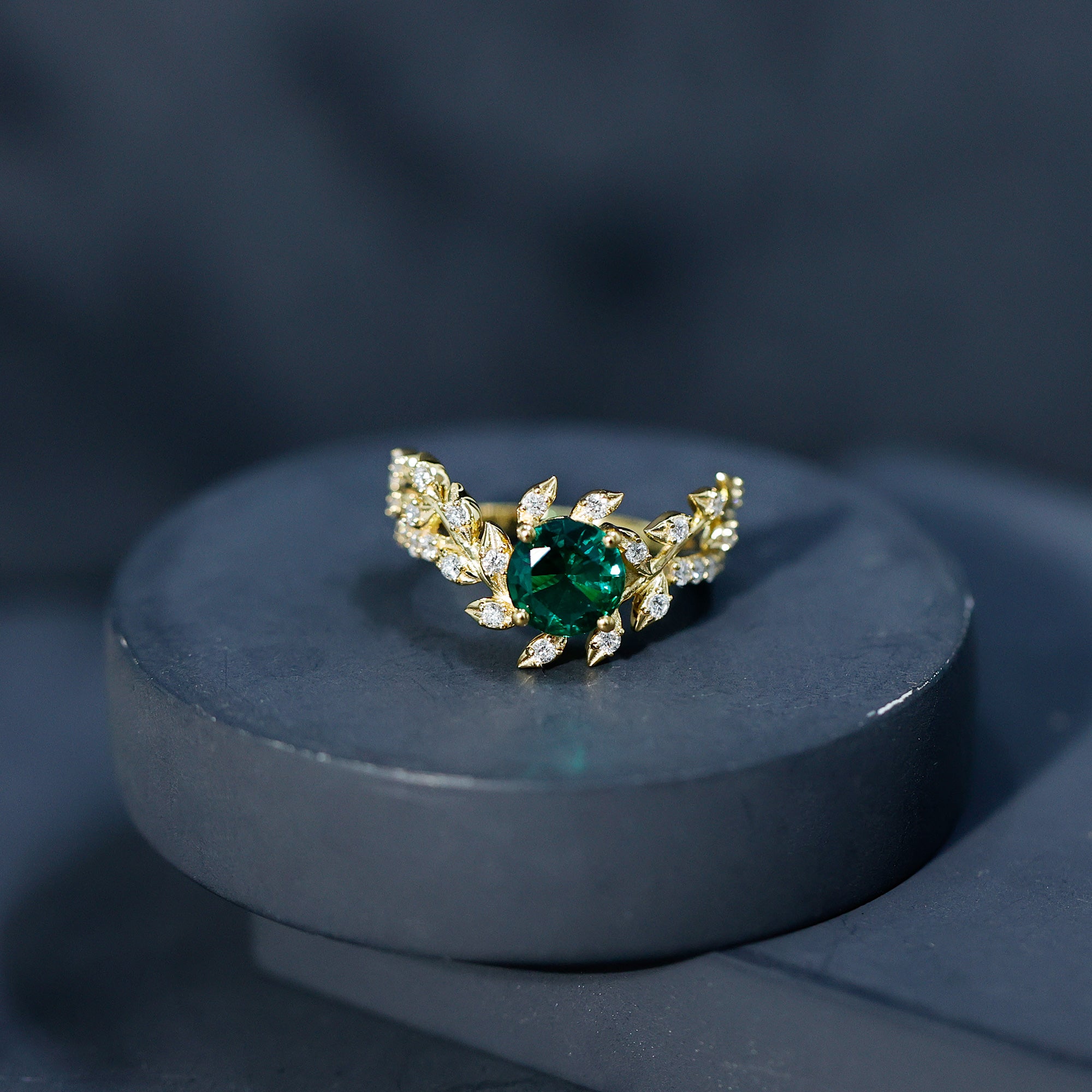 Lab Created Emerald and Diamond Vine Engagement Ring in Silver AAAA 14K Yellow Gold Plated Silver - Rosec Jewels