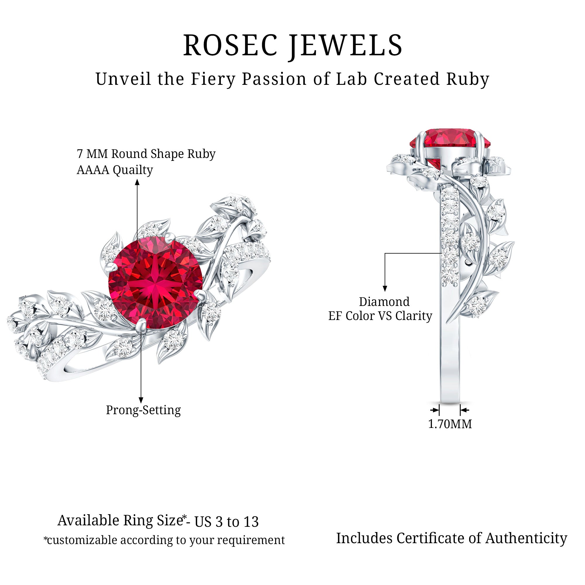 Certified Lab Grown Ruby Diamond Vine Engagement Ring AAAA - Rosec Jewels