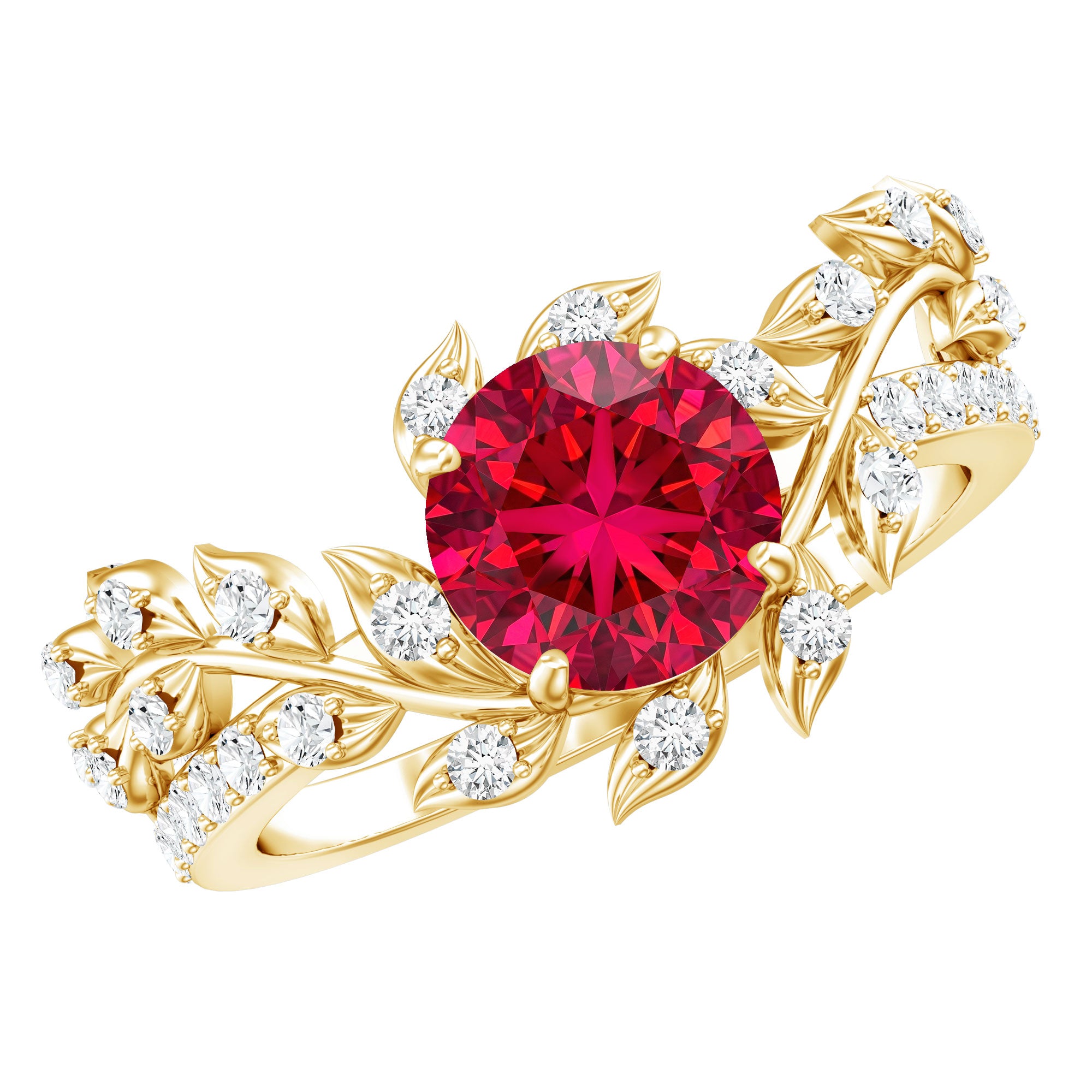 Lab Created Ruby and Diamond Vine Engagement Ring in Silver AAAA 14K Yellow Gold Plated Silver - Rosec Jewels