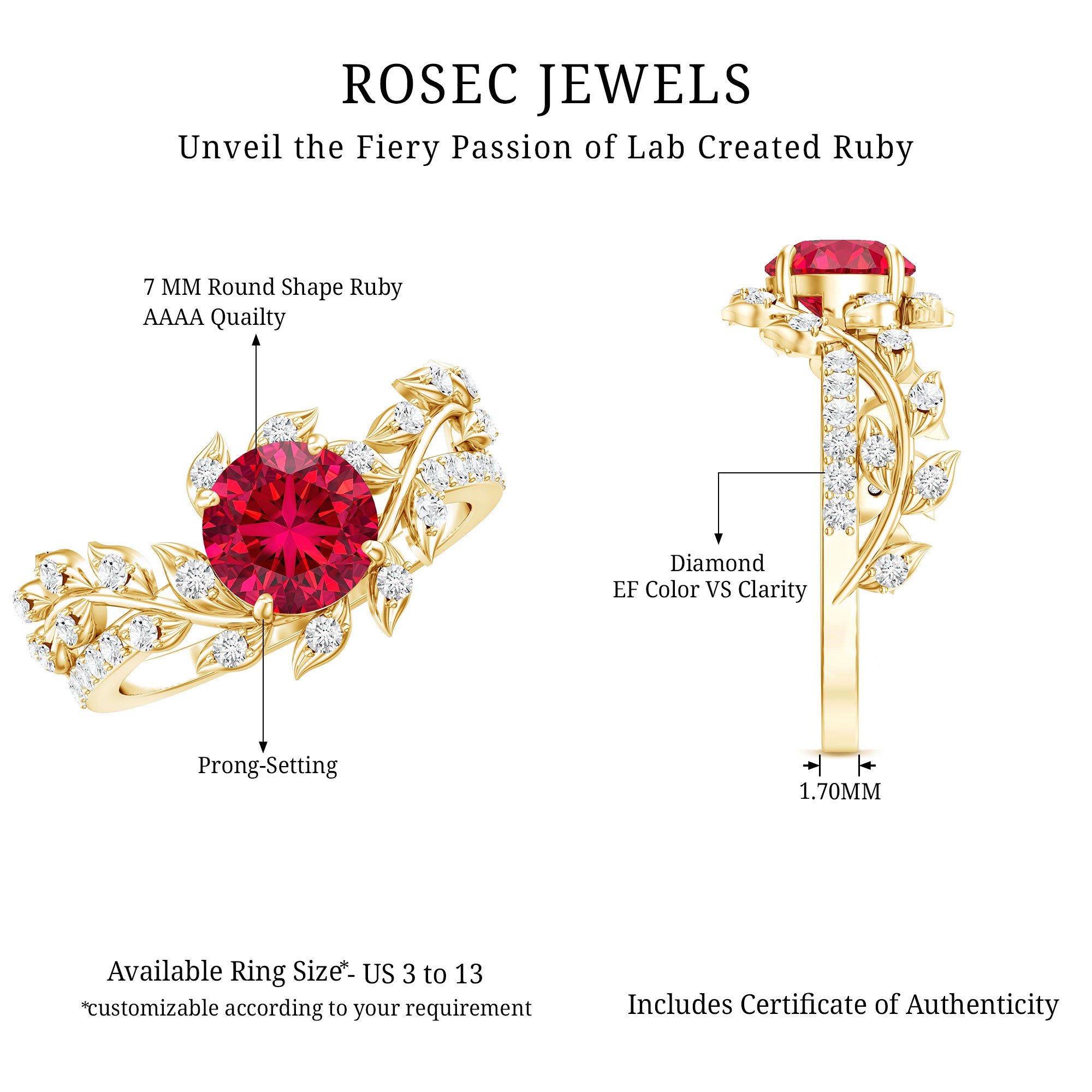 Lab Created Ruby and Diamond Vine Engagement Ring in Silver AAAA 14K Yellow Gold Plated Silver - Rosec Jewels