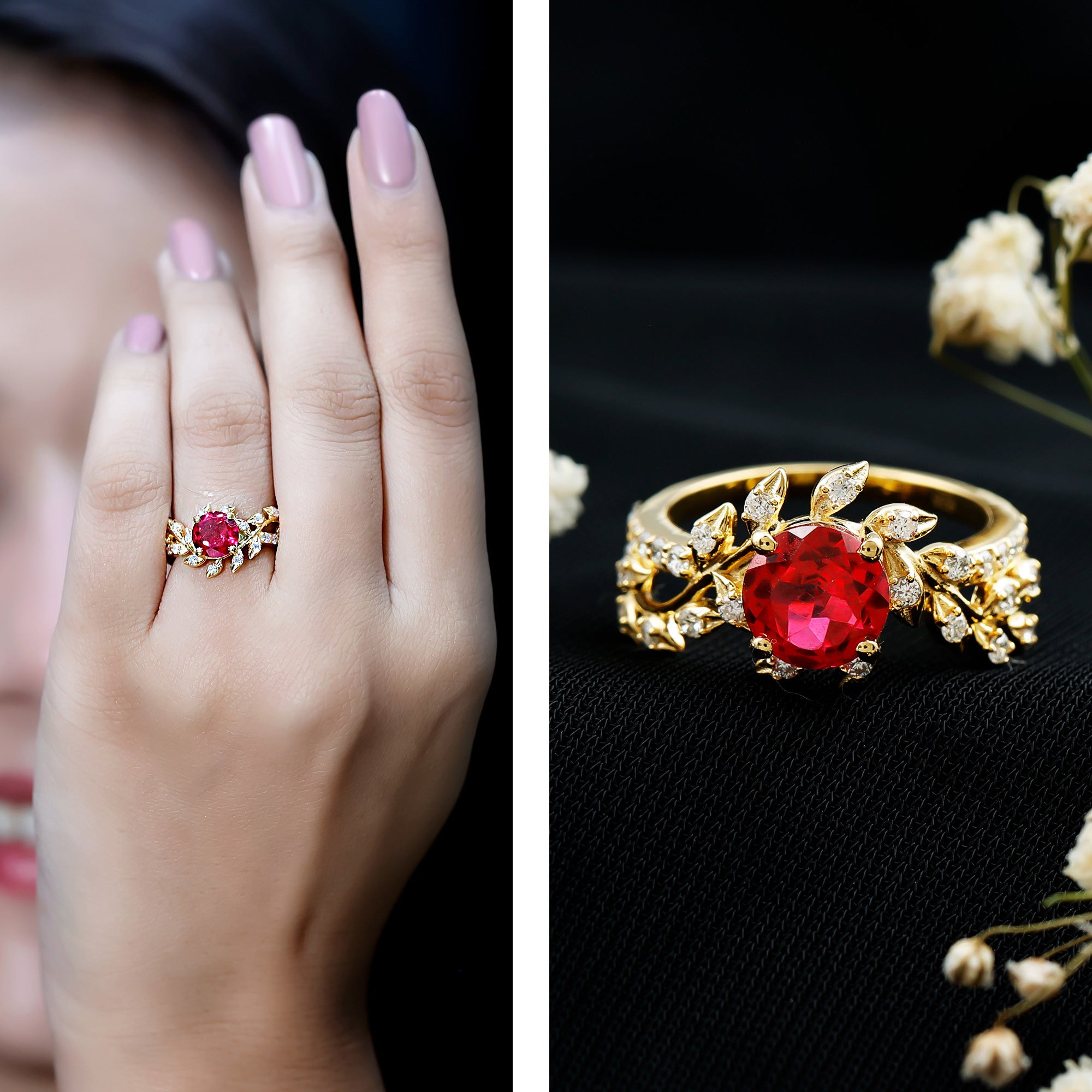 Lab Created Ruby and Diamond Vine Engagement Ring in Silver AAAA 14K Yellow Gold Plated Silver - Rosec Jewels