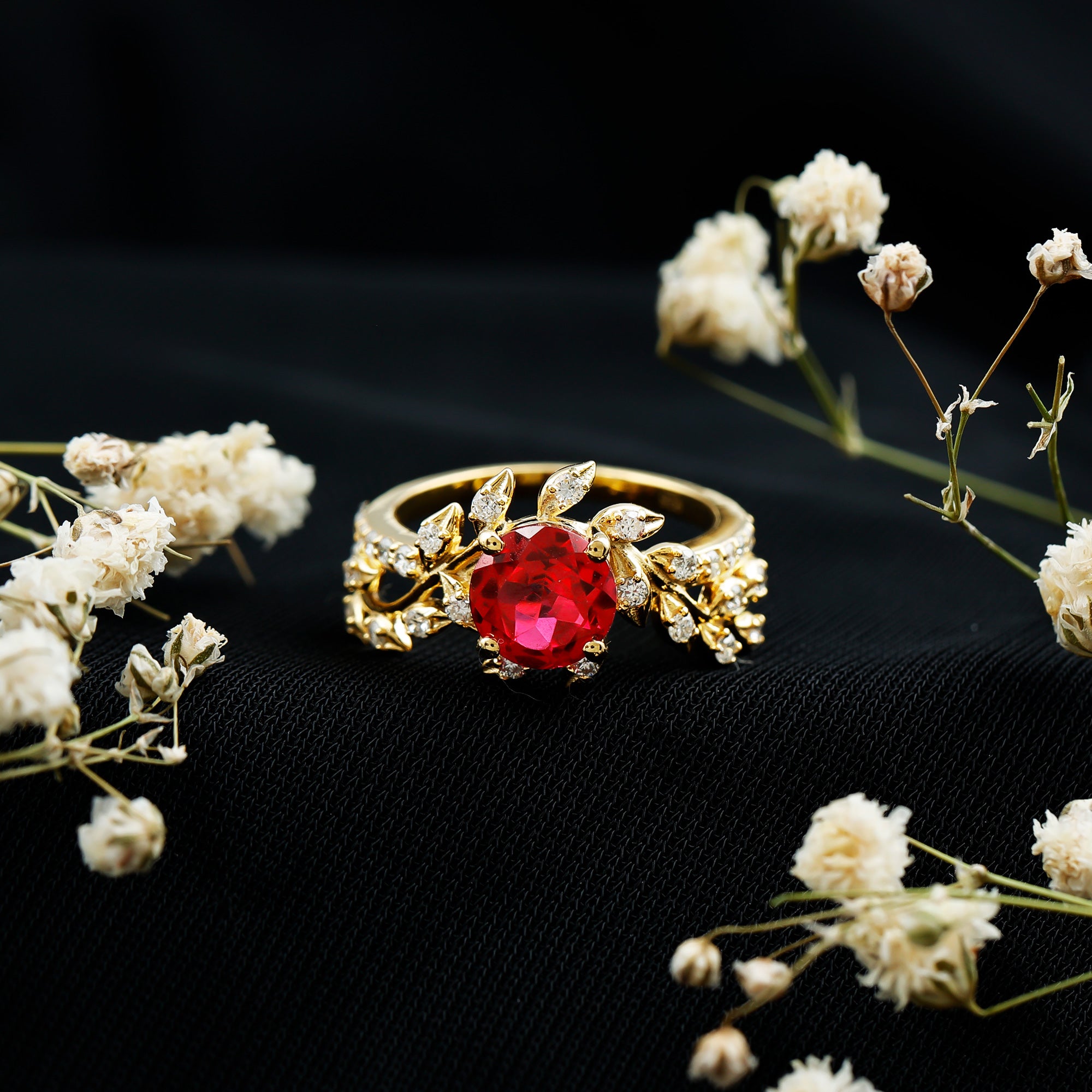 Lab Created Ruby and Diamond Vine Engagement Ring in Silver AAAA 14K Yellow Gold Plated Silver - Rosec Jewels