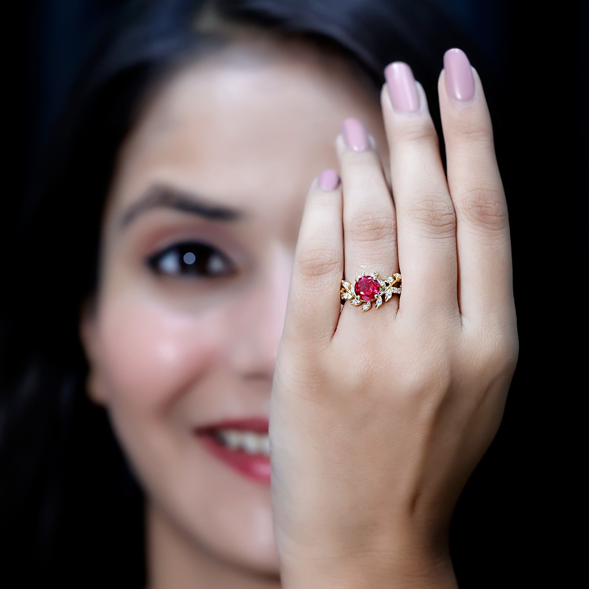 Lab Created Ruby and Diamond Vine Engagement Ring in Silver AAAA 14K Yellow Gold Plated Silver - Rosec Jewels