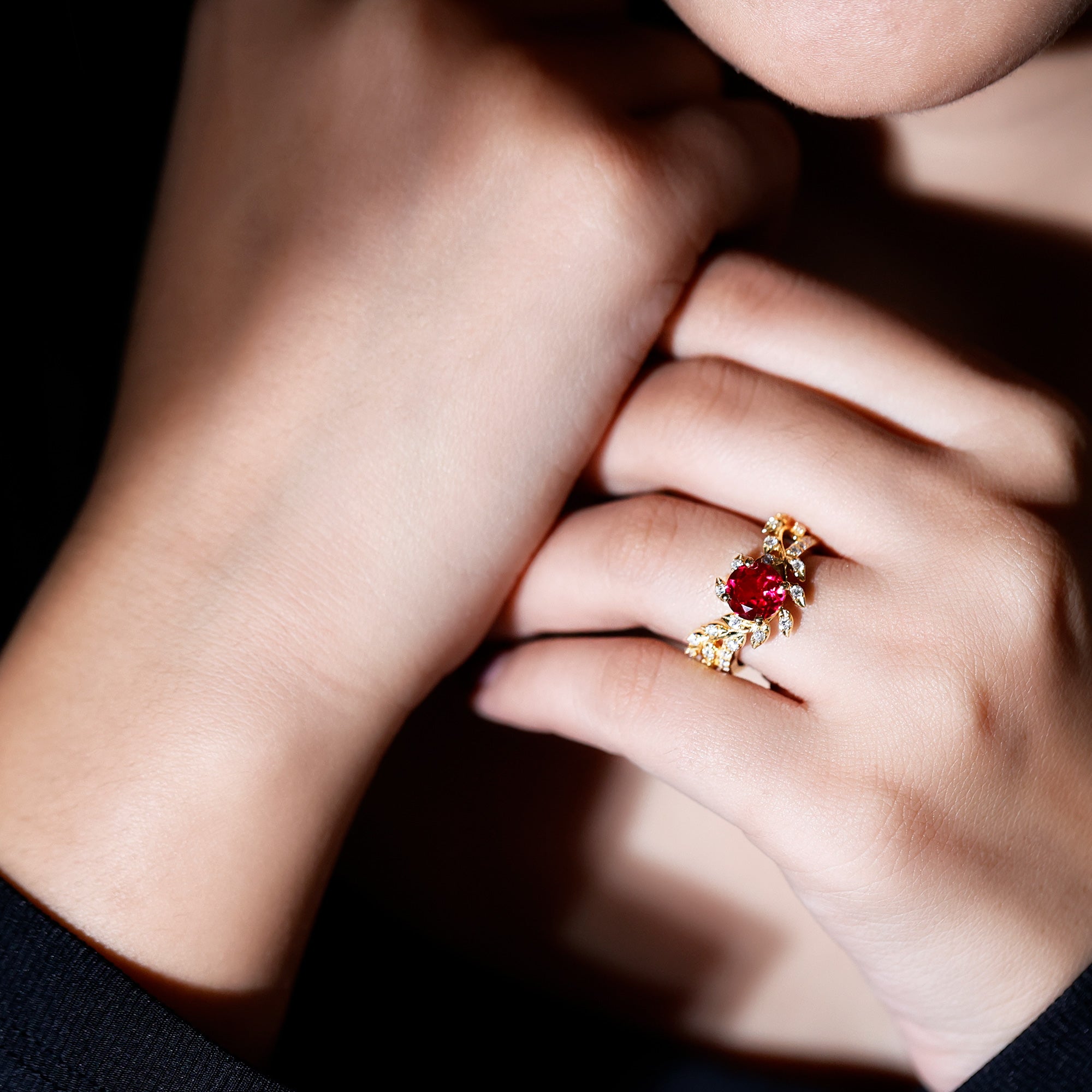 Lab Created Ruby and Diamond Vine Engagement Ring in Silver AAAA 14K Yellow Gold Plated Silver - Rosec Jewels