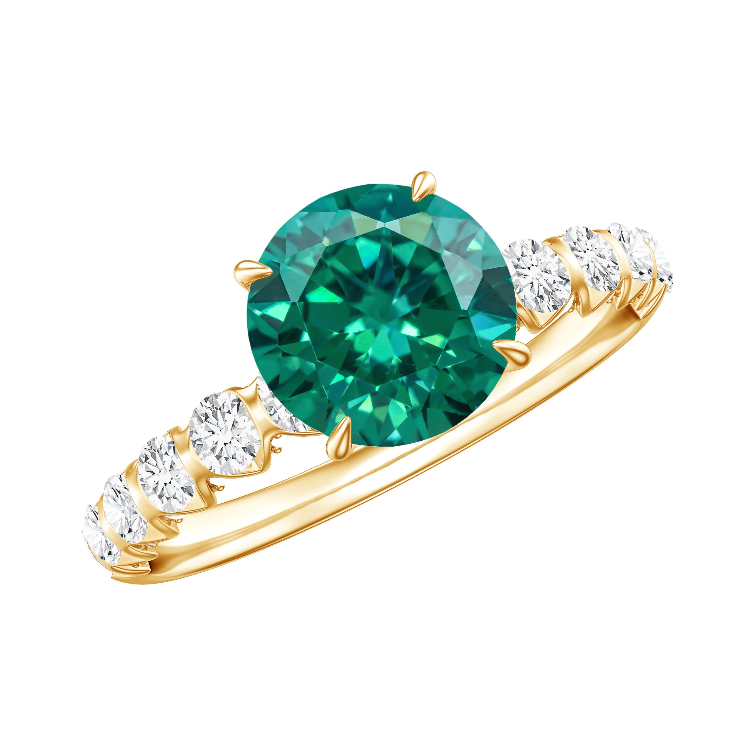 Womens Lab Grown Emerald Engagement Ring with Diamonds AAAA 14K Yellow Gold Plated Silver - Rosec Jewels