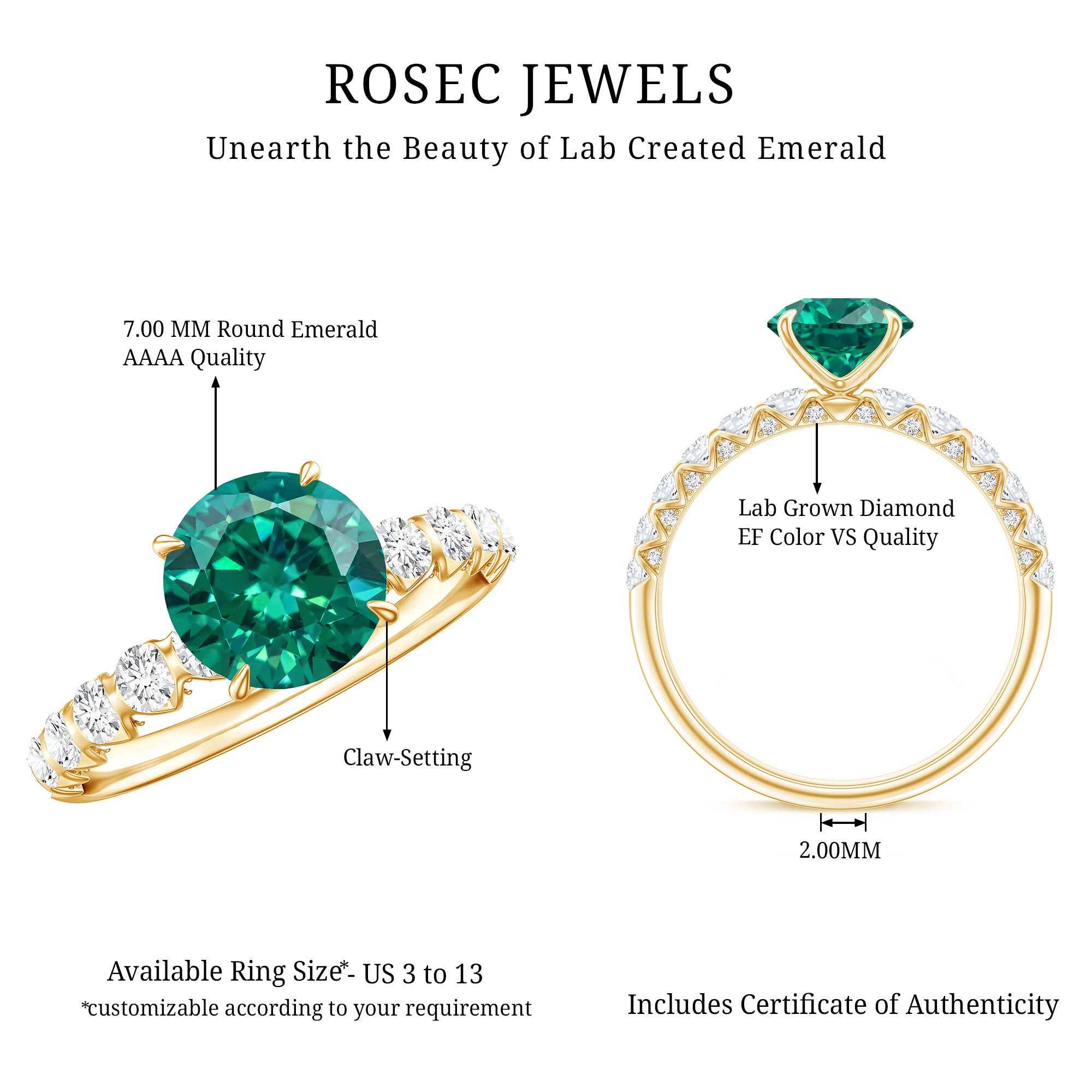 Womens Lab Grown Emerald Engagement Ring with Diamonds AAAA 14K Yellow Gold Plated Silver - Rosec Jewels