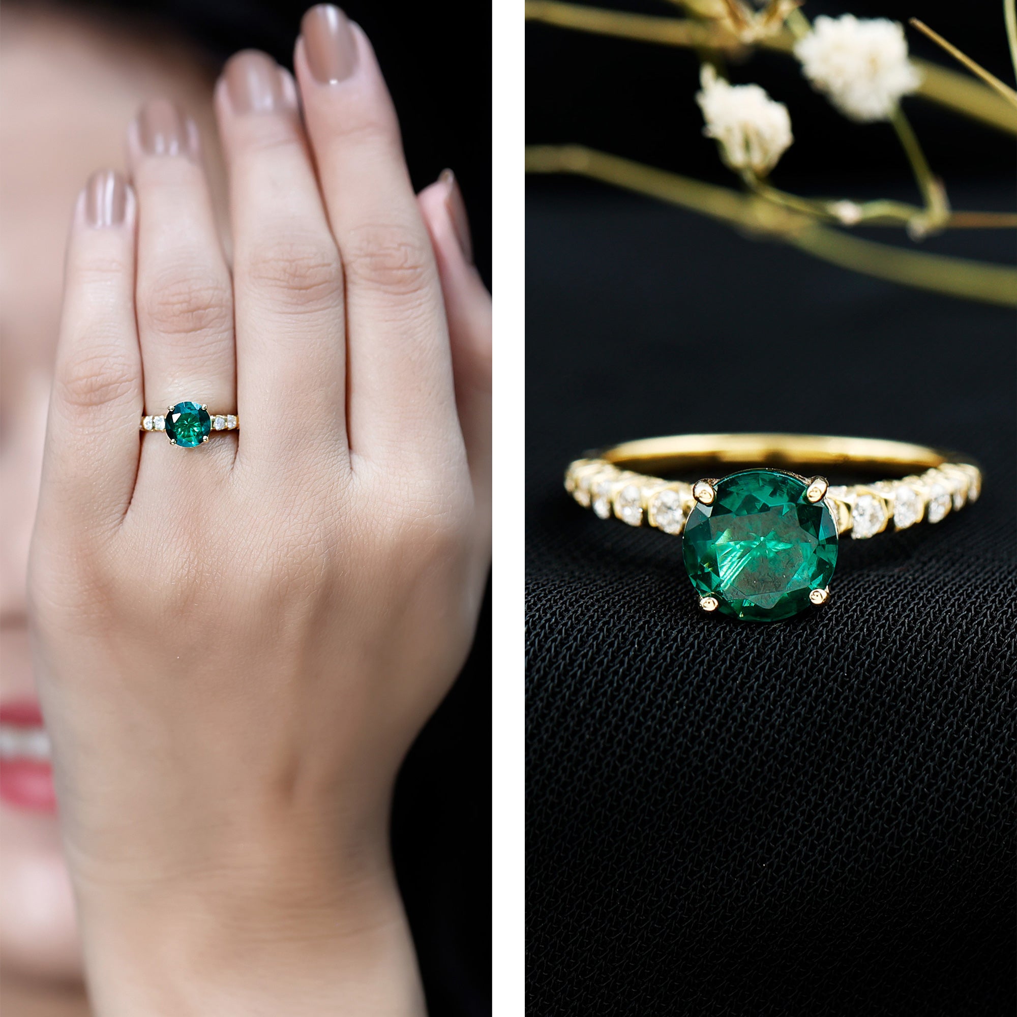 Womens Lab Grown Emerald Engagement Ring with Diamonds AAAA 14K Yellow Gold Plated Silver - Rosec Jewels