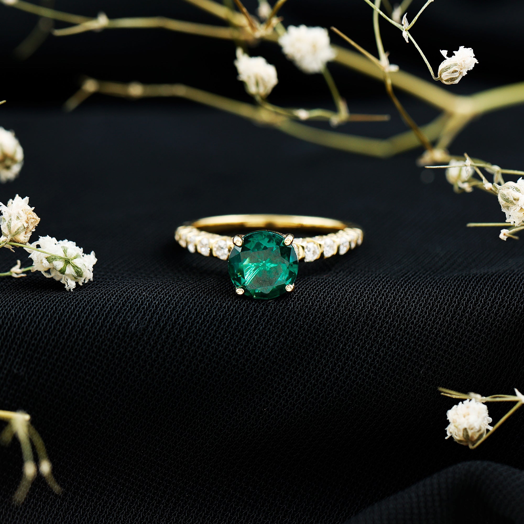 Womens Lab Grown Emerald Engagement Ring with Diamonds AAAA 14K Yellow Gold Plated Silver - Rosec Jewels