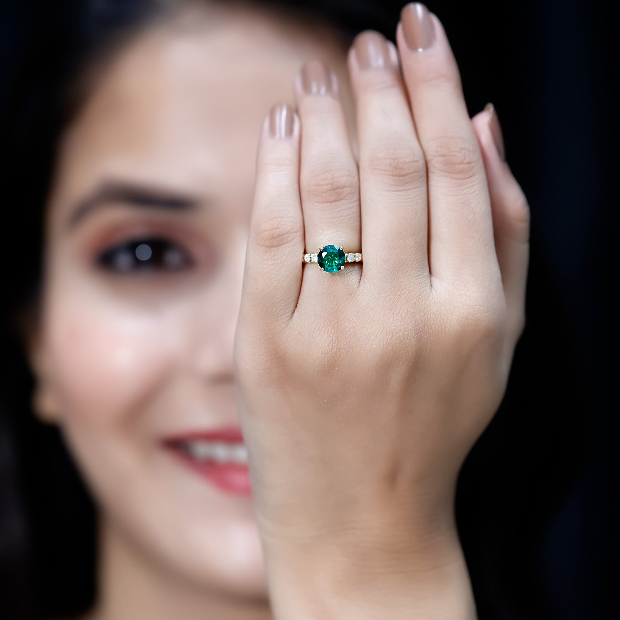 Womens Lab Grown Emerald Engagement Ring with Diamonds AAAA 14K Yellow Gold Plated Silver - Rosec Jewels