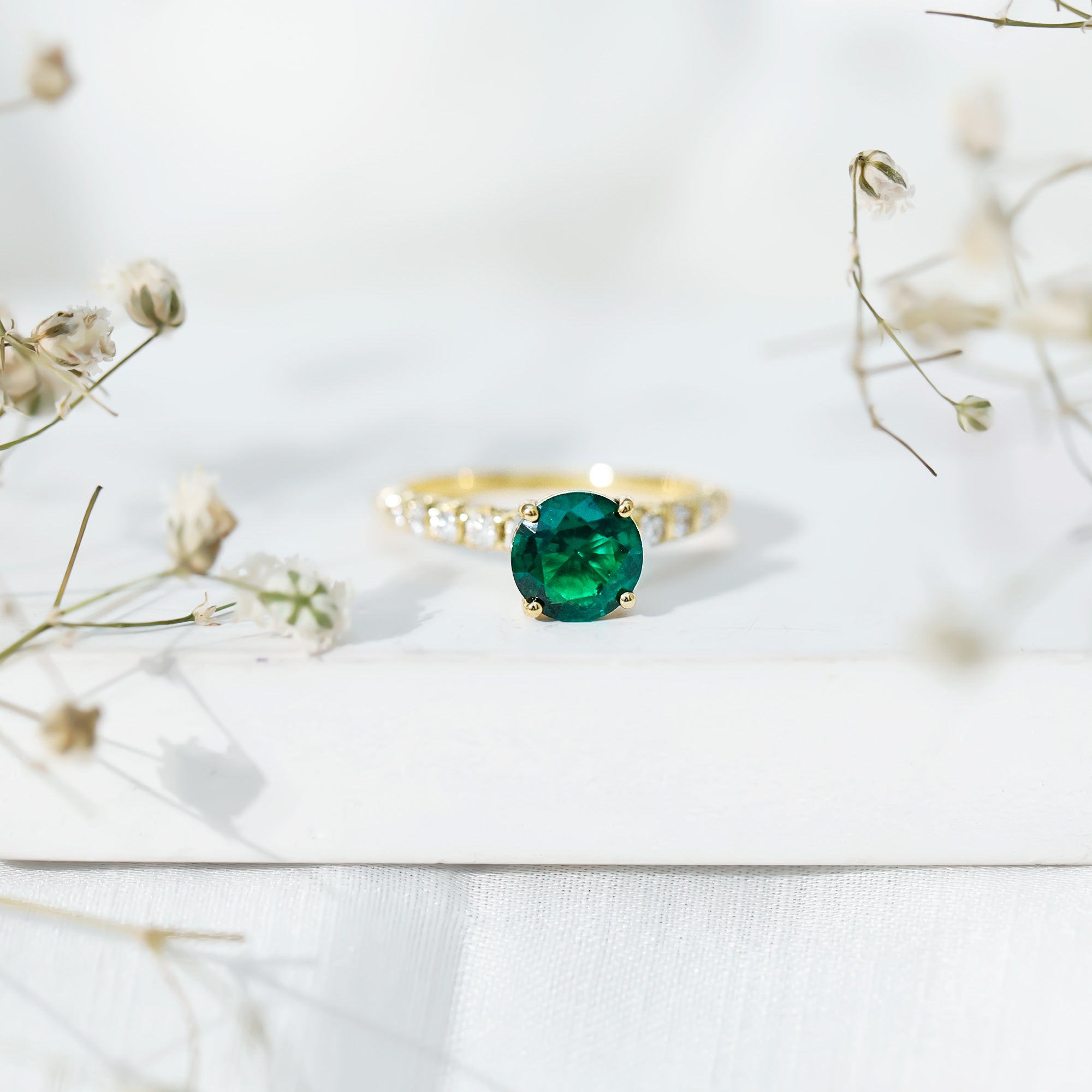 Womens Lab Grown Emerald Engagement Ring with Diamonds AAAA 14K Yellow Gold Plated Silver - Rosec Jewels