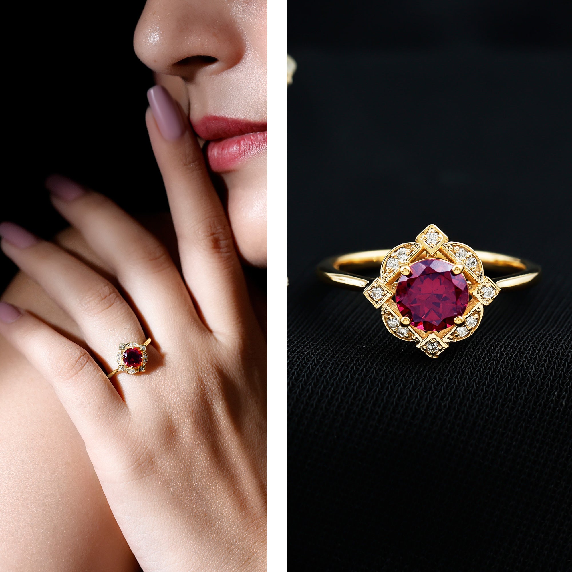 Rosec Jewels-Vintage Style Rhodolite Garnet and Diamond Engagement Ring