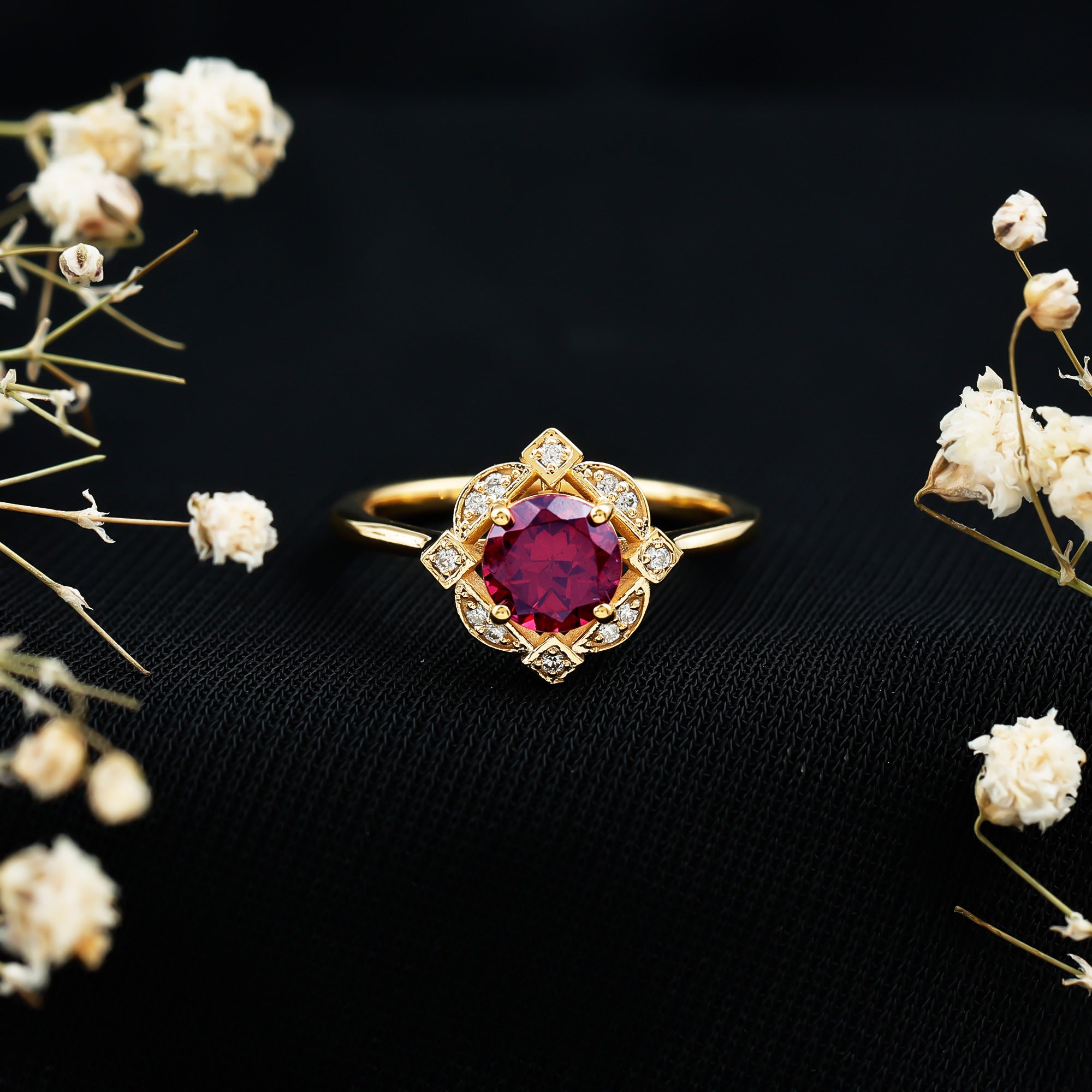 Rosec Jewels-Vintage Style Rhodolite Garnet and Diamond Engagement Ring