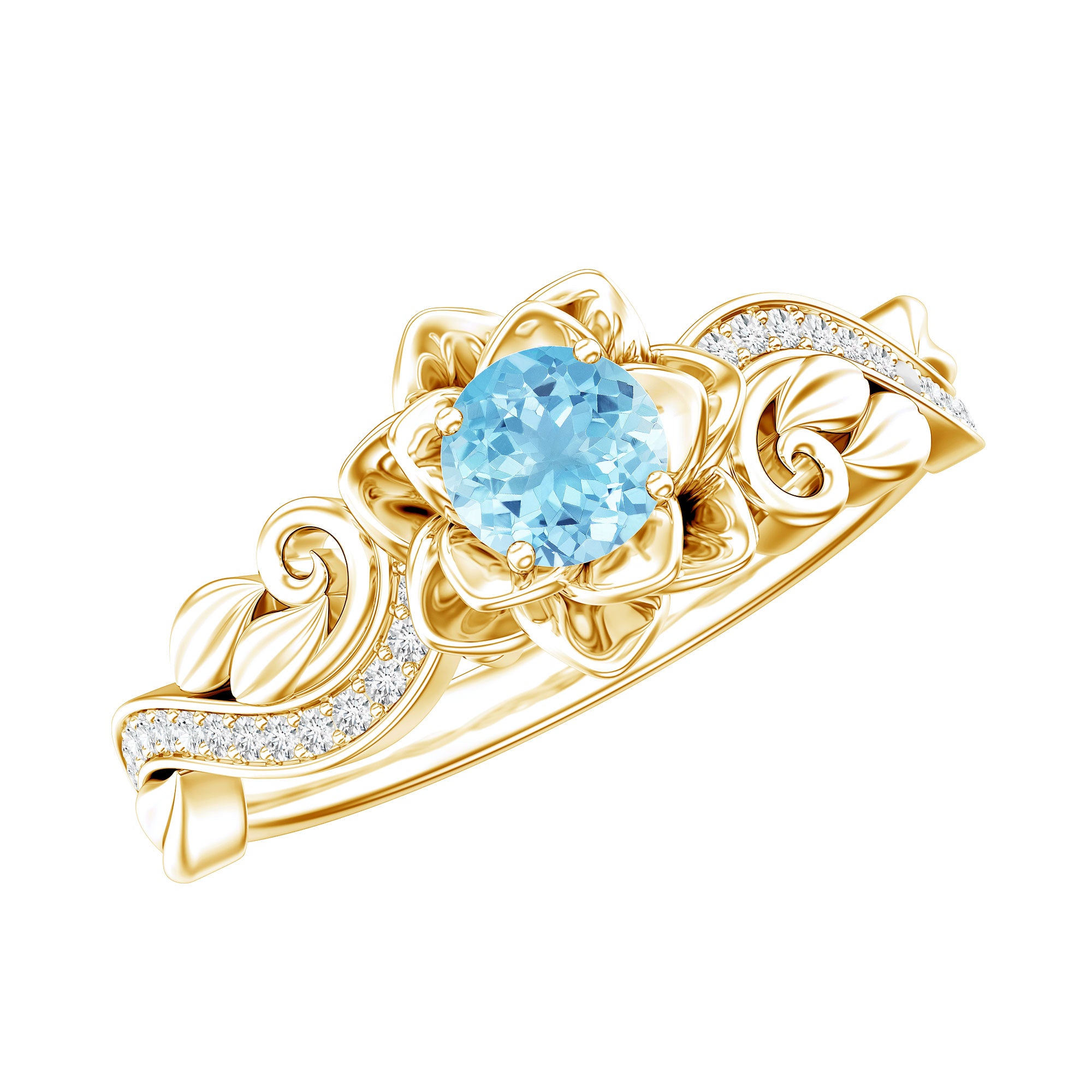 Natural Aquamarine and Diamond Flower Engagement Ring in Gold Plated Silver AAA 14K Yellow Gold Plated Silver - Rosec Jewels