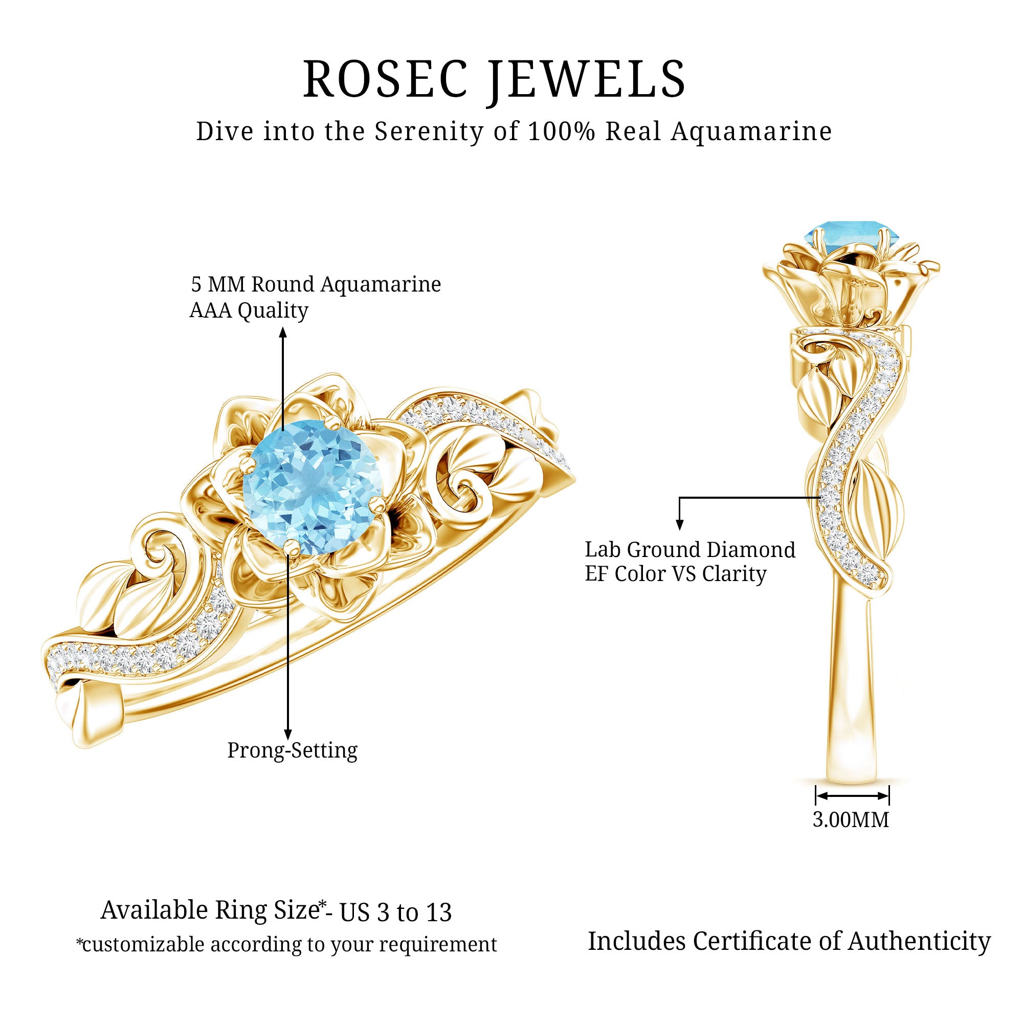 Natural Aquamarine and Diamond Flower Engagement Ring in Gold Plated Silver AAA 14K Yellow Gold Plated Silver - Rosec Jewels