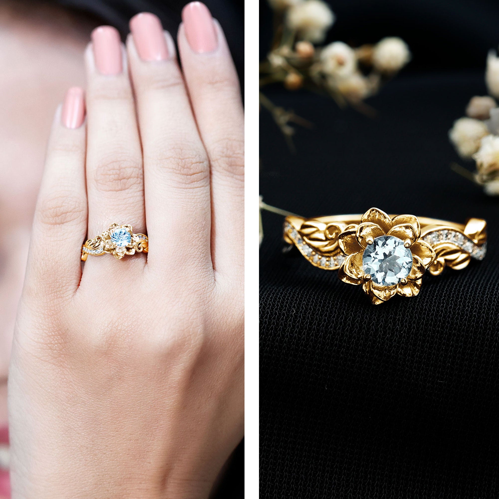 Natural Aquamarine and Diamond Flower Engagement Ring in Gold Plated Silver AAA 14K Yellow Gold Plated Silver - Rosec Jewels