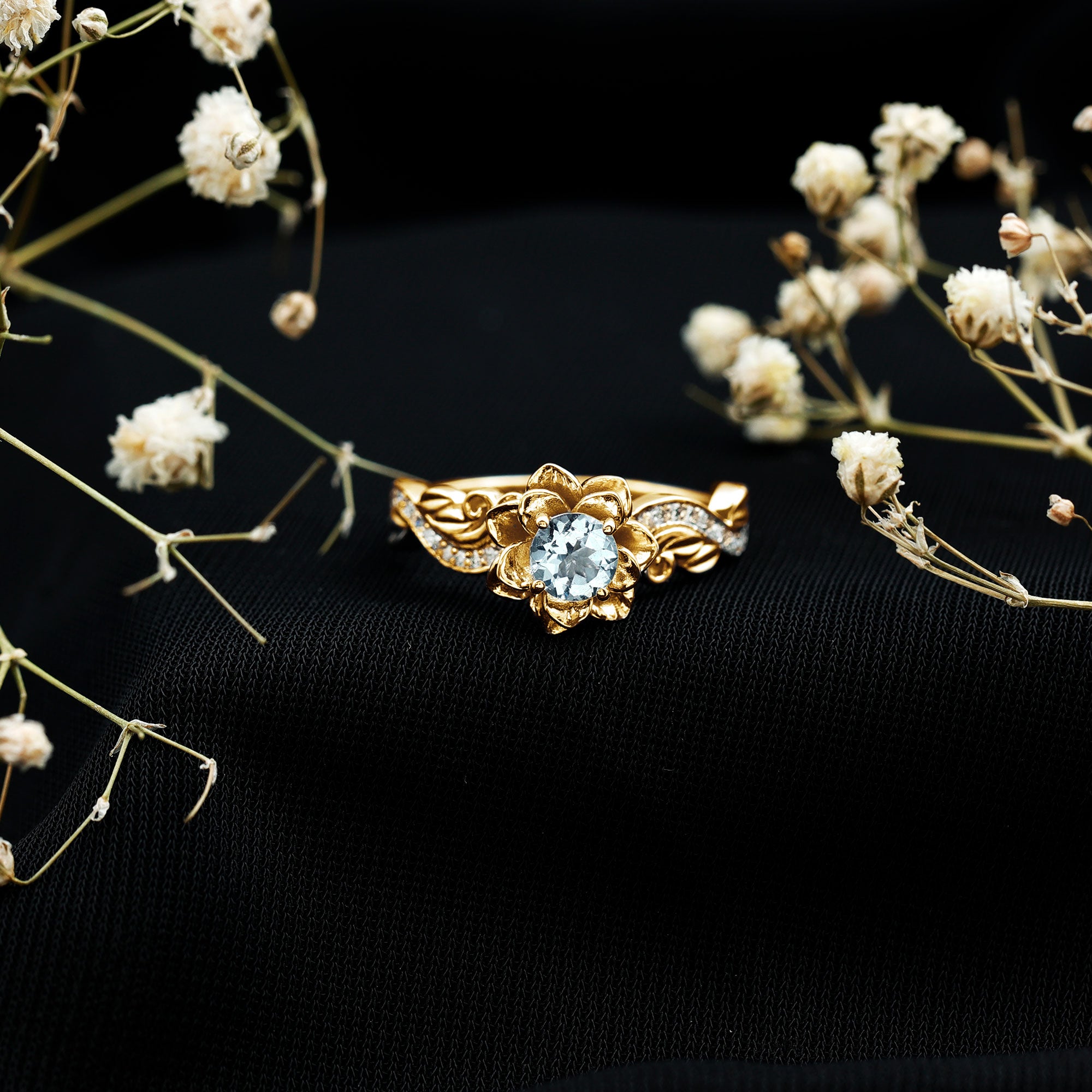 Natural Aquamarine and Diamond Flower Engagement Ring in Gold Plated Silver AAA 14K Yellow Gold Plated Silver - Rosec Jewels