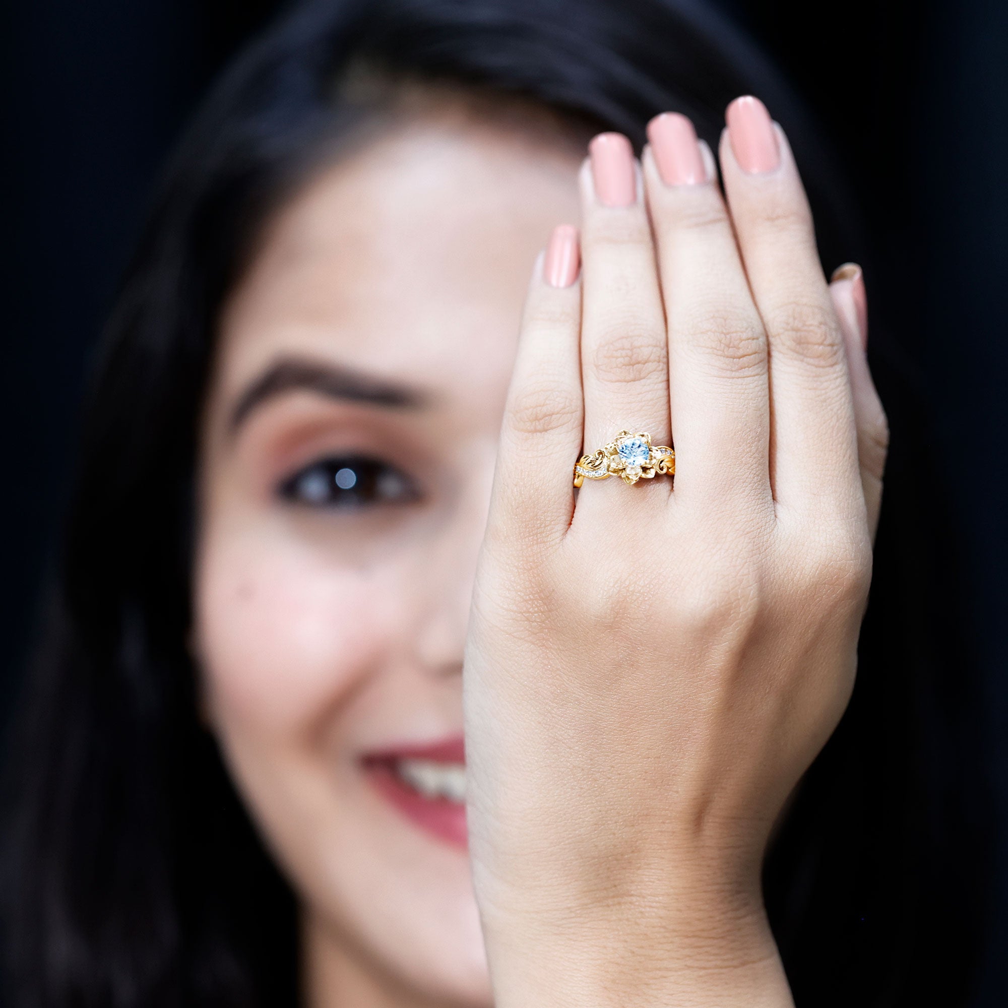 Rosec Jewels-Natural Aquamarine Flower Engagement Ring in Gold Plated Silver