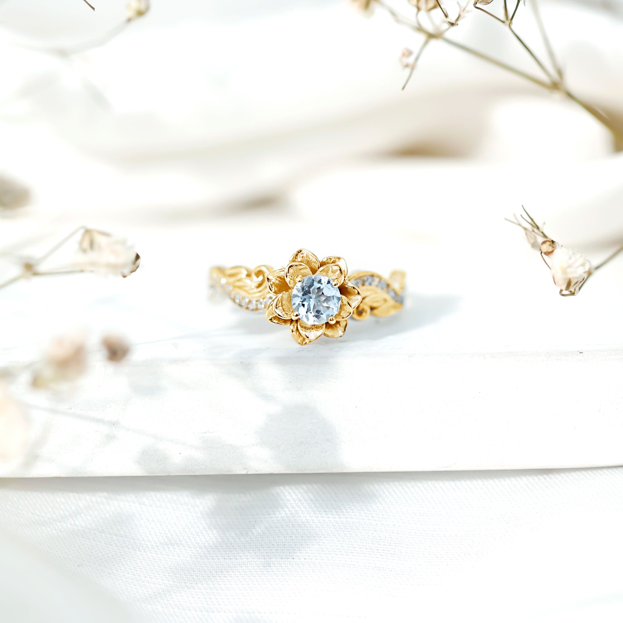 Natural Aquamarine and Diamond Flower Engagement Ring in Gold Plated Silver AAA 14K Yellow Gold Plated Silver - Rosec Jewels