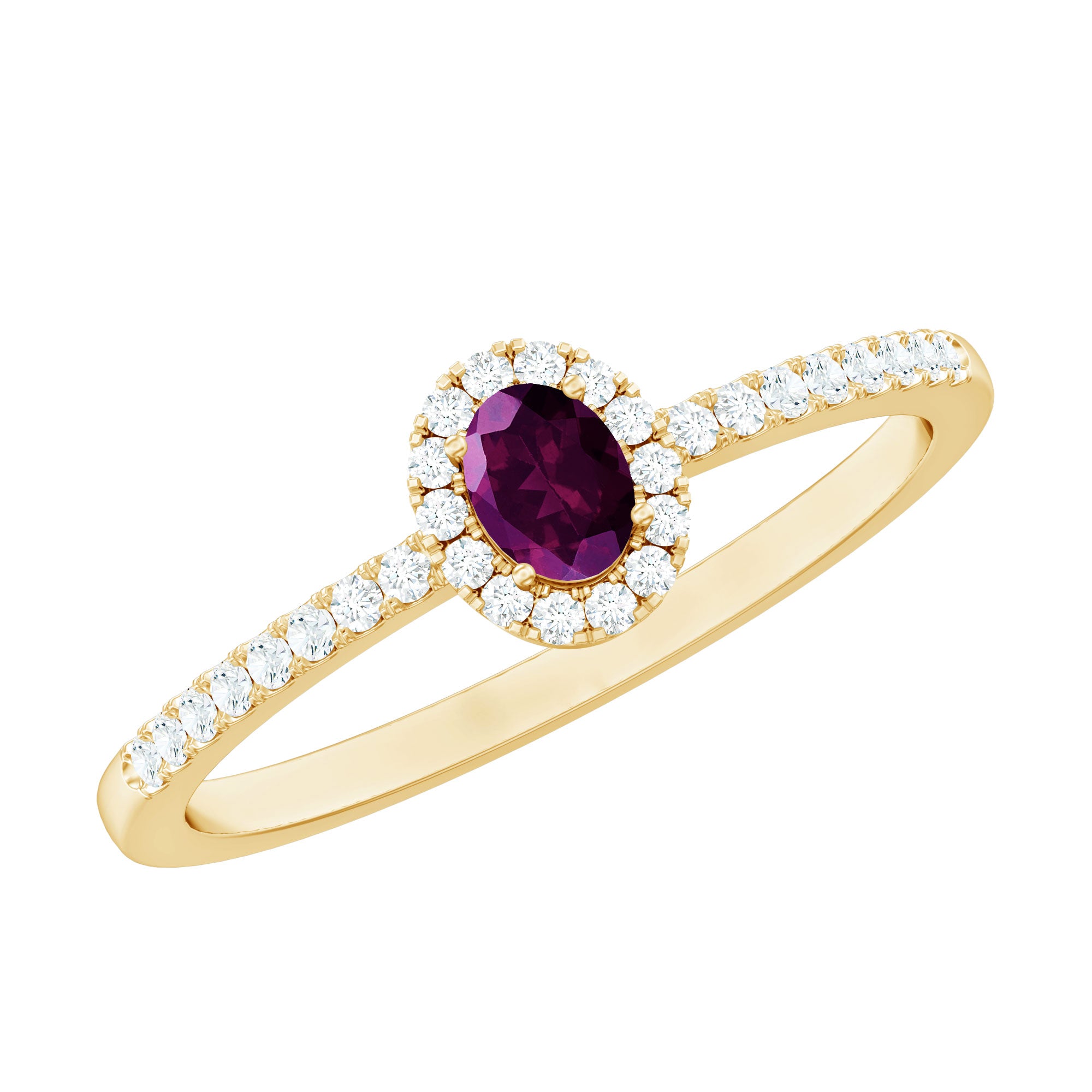 Oval Rhodolite Garnet and Diamond Promise Ring for Her AAA 14K Yellow Gold Plated Silver - Rosec Jewels