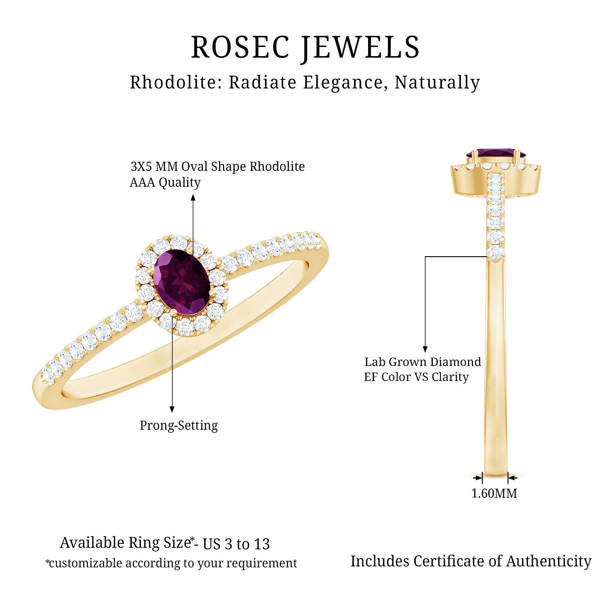 Oval Rhodolite Garnet and Diamond Promise Ring for Her AAA 14K Yellow Gold Plated Silver - Rosec Jewels